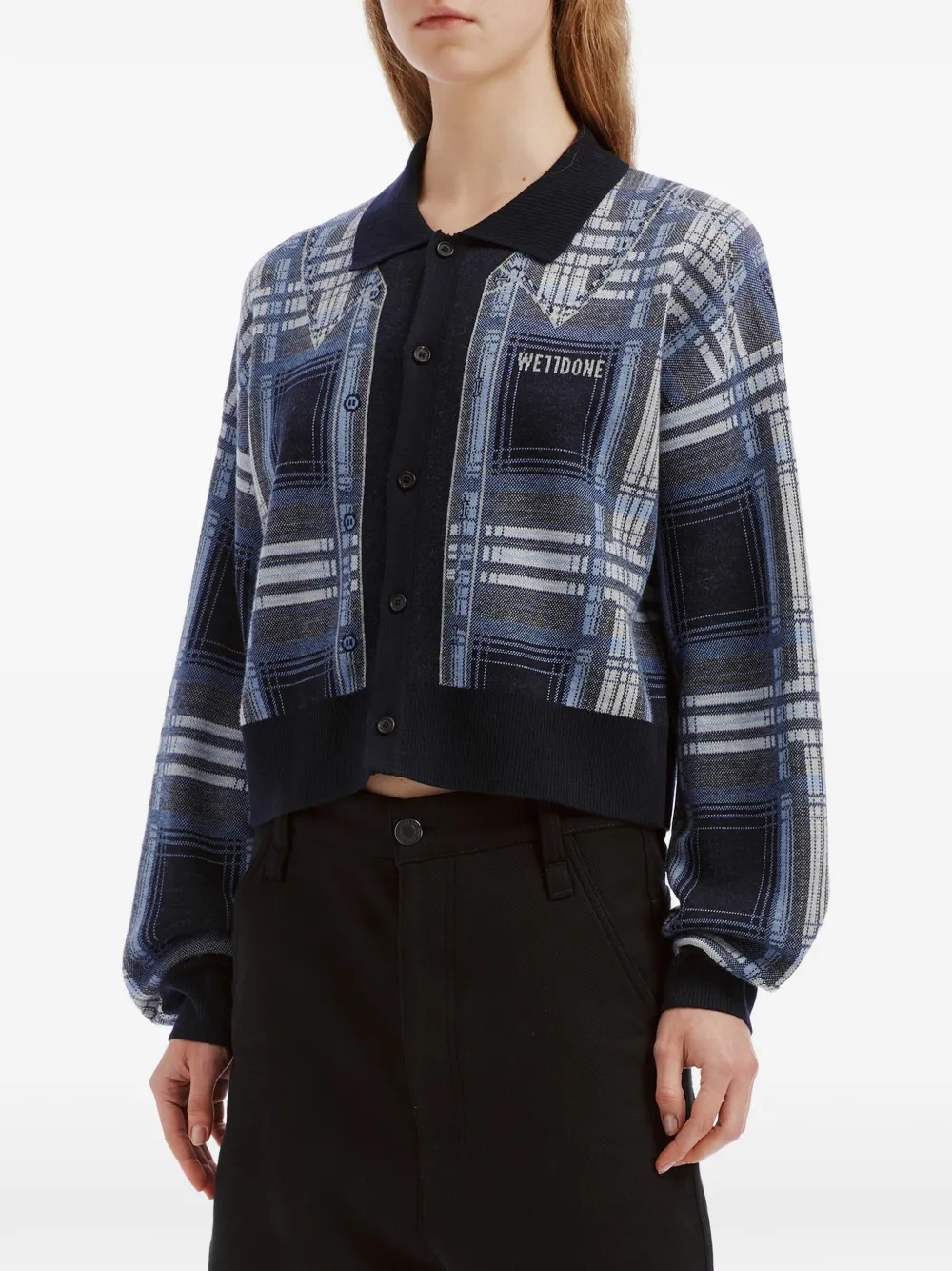 We11done check-pattern logo-patch cardigan Blauw