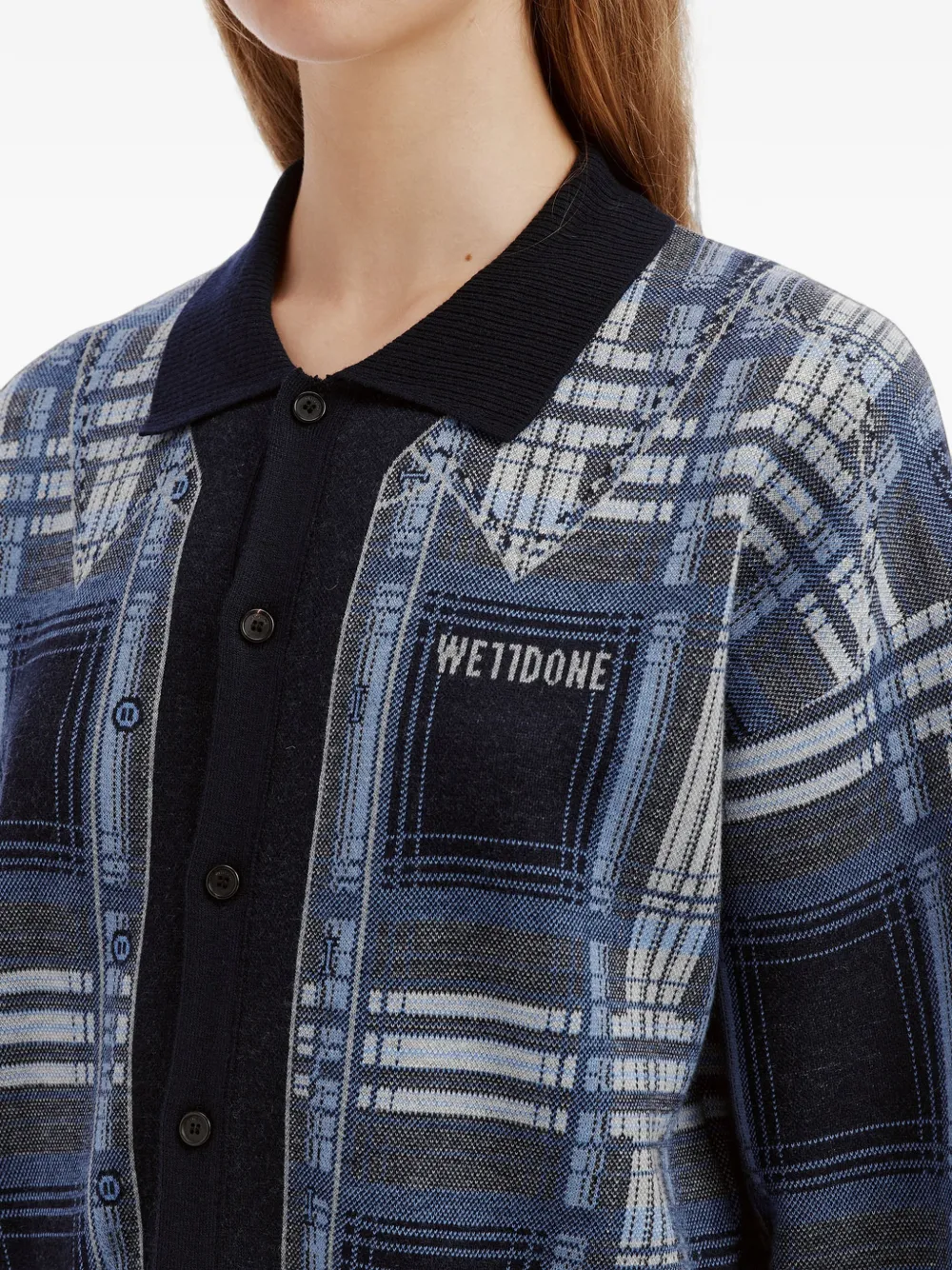 We11done check-pattern logo-patch cardigan Blauw