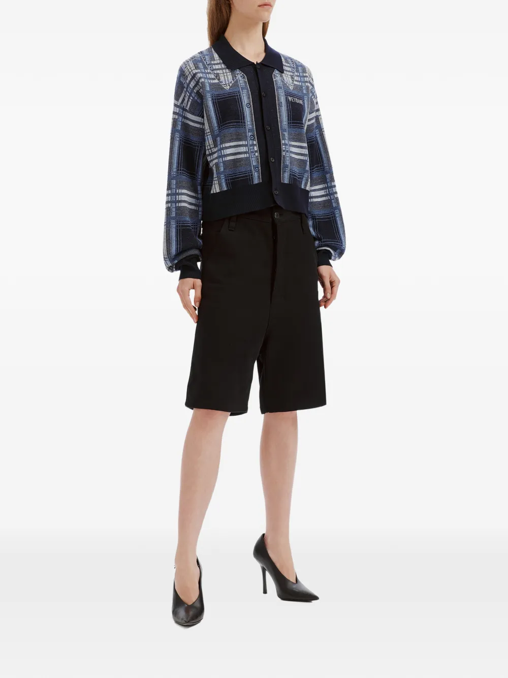 We11done check-pattern logo-patch cardigan Blauw