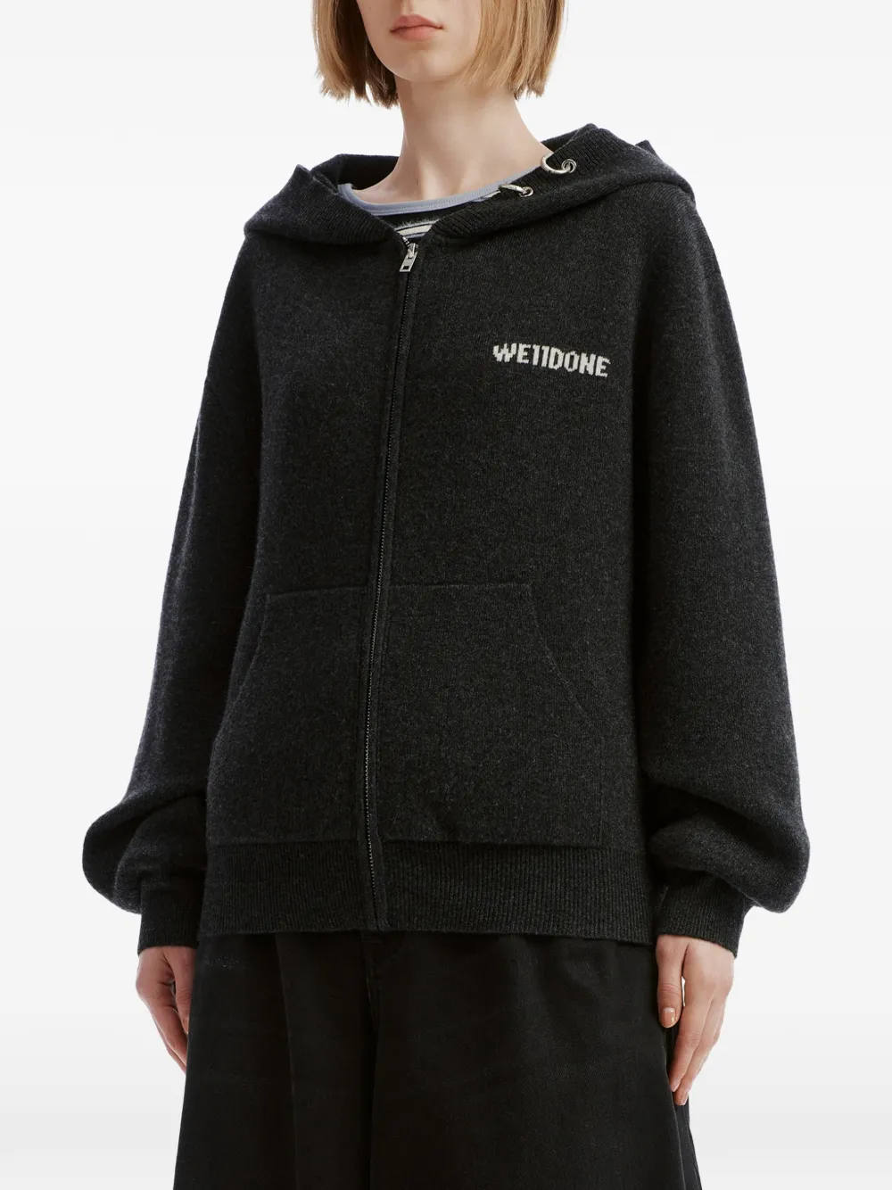 We11done logo-embroidered knit hoodie Grijs