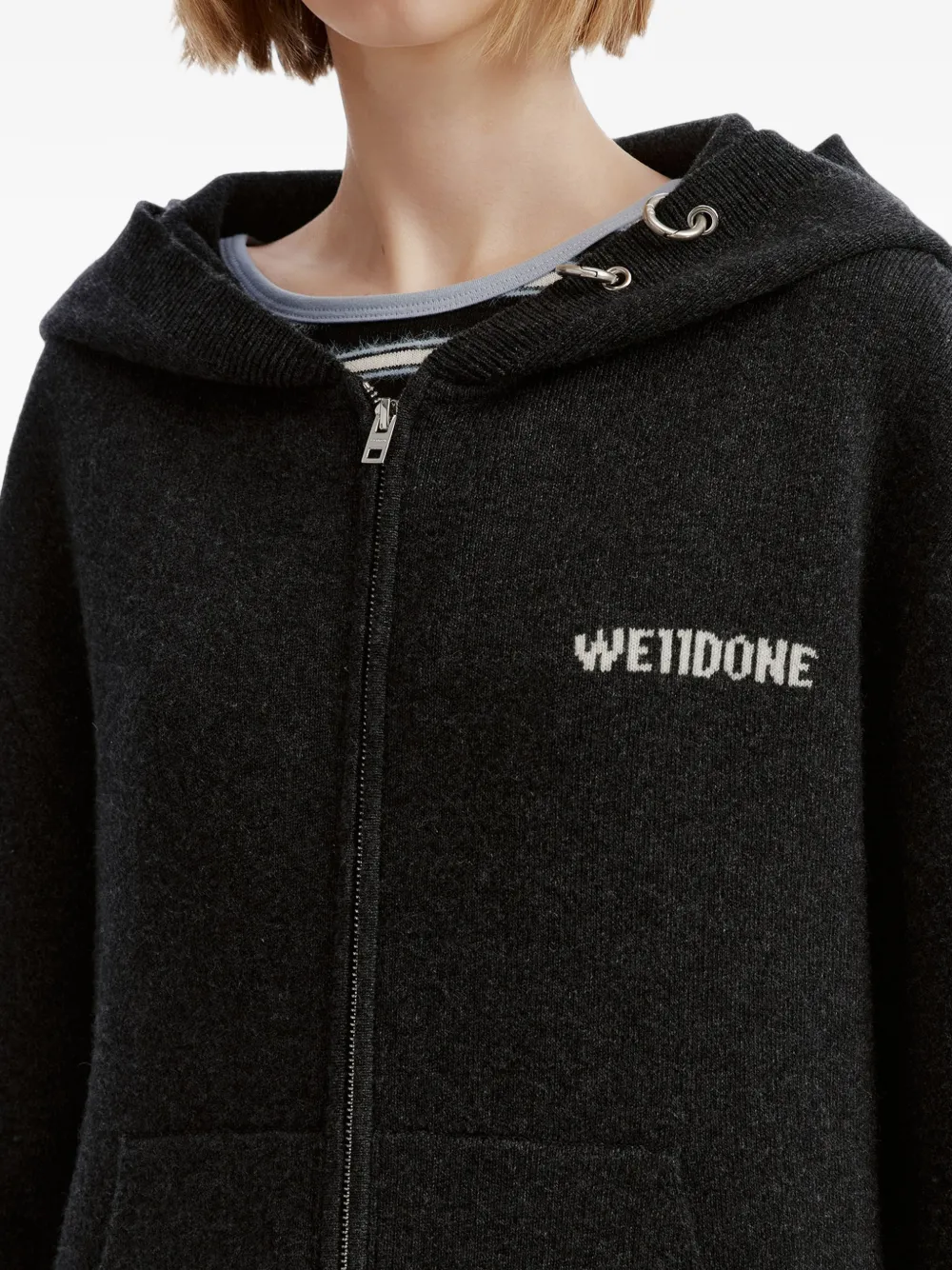 We11done logo-embroidered knit hoodie Grijs
