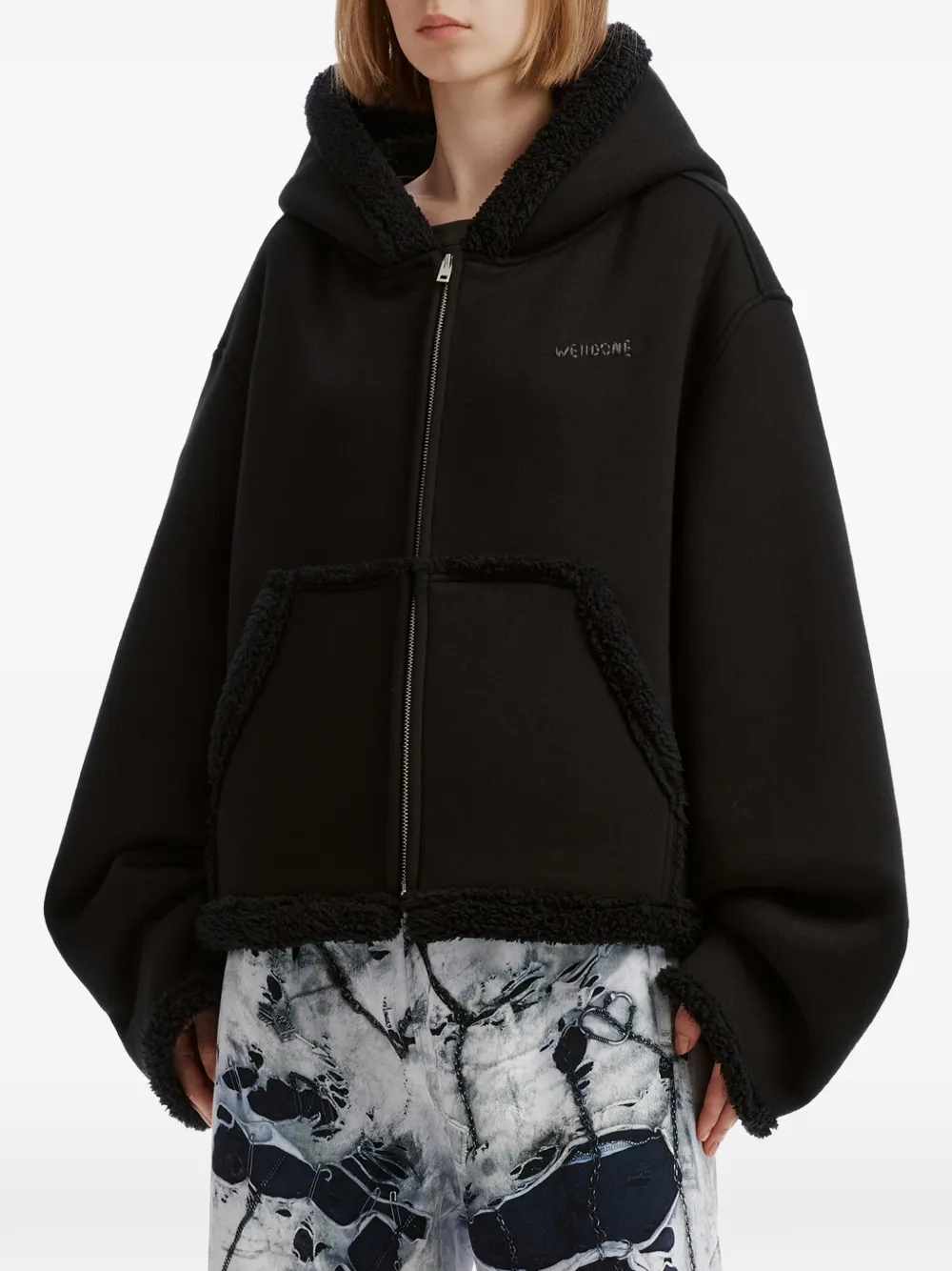We11done fleece-trim zip-up hoodie Zwart