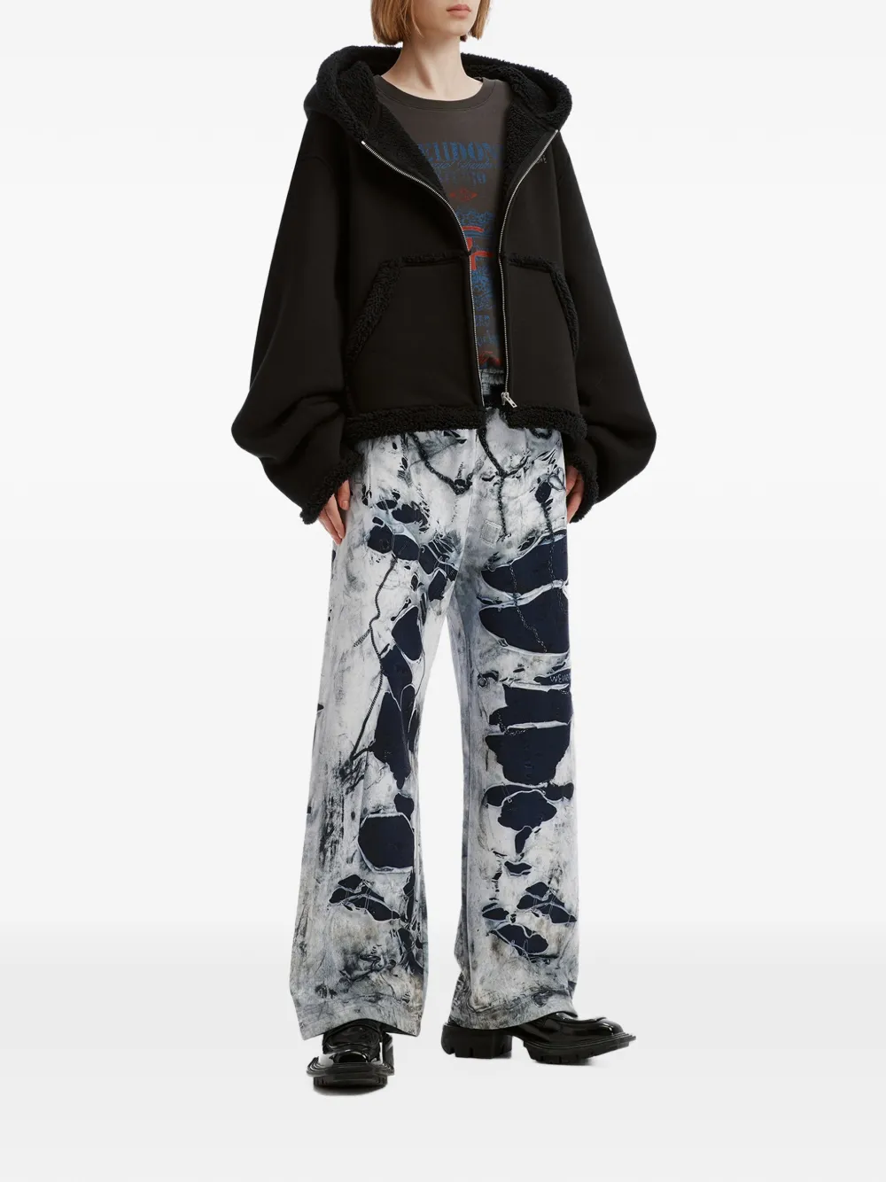 We11done fleece-trim zip-up hoodie Zwart