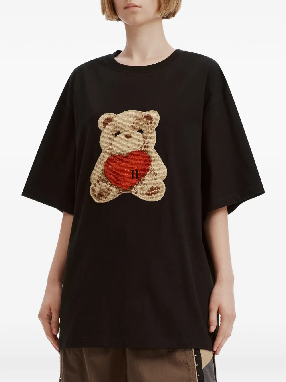 We11done teddy bear-patch T-shirt Zwart
