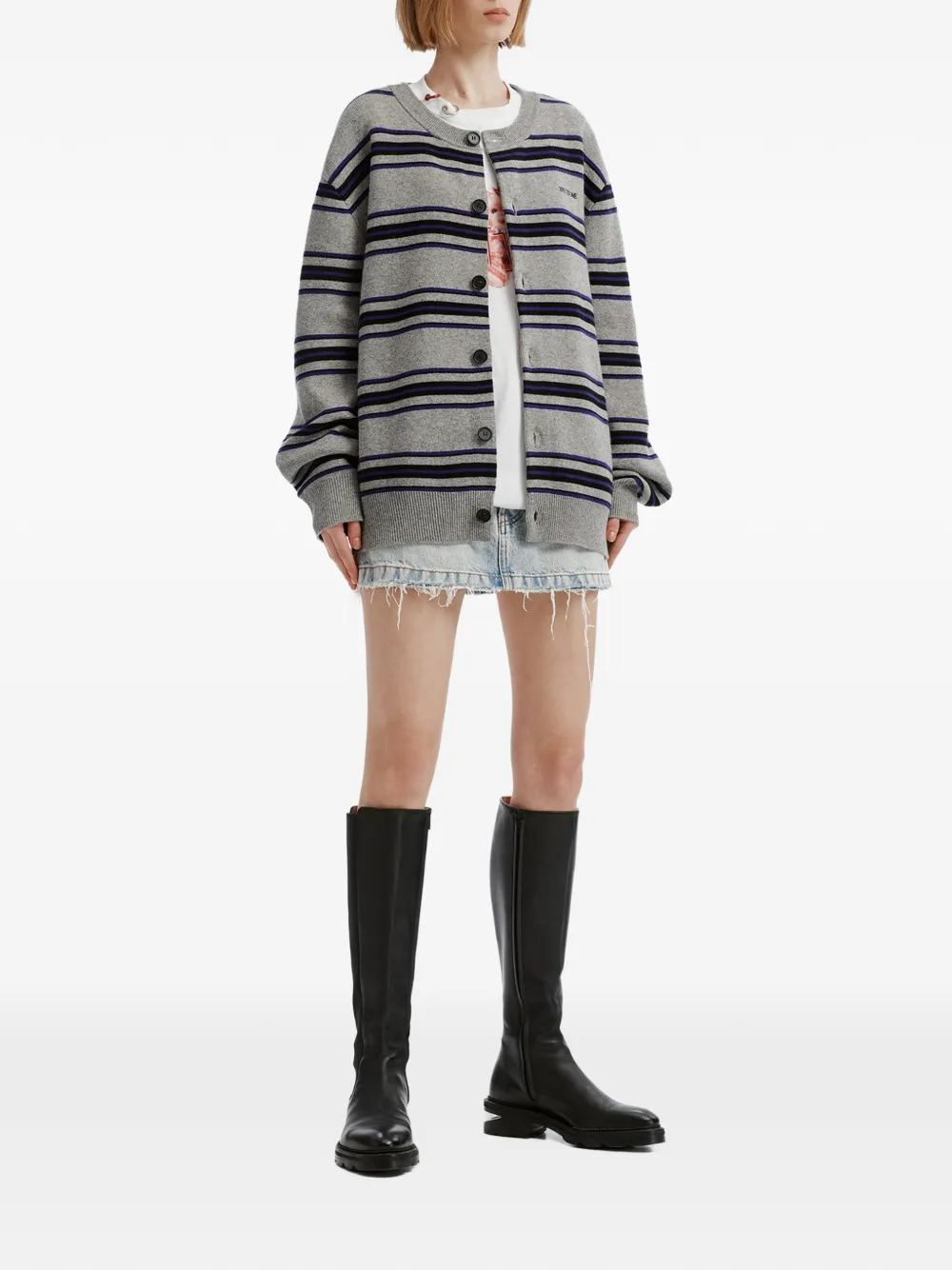 We11done striped logo-embroidered cardigan Grijs