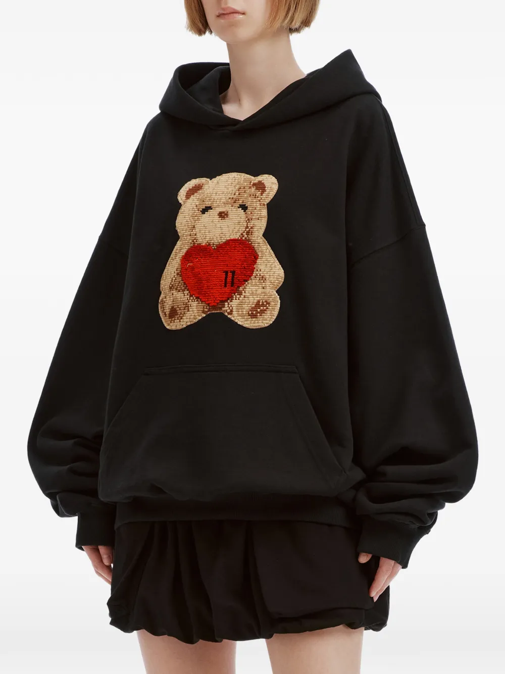 We11done Heart Teddy hoodie Zwart