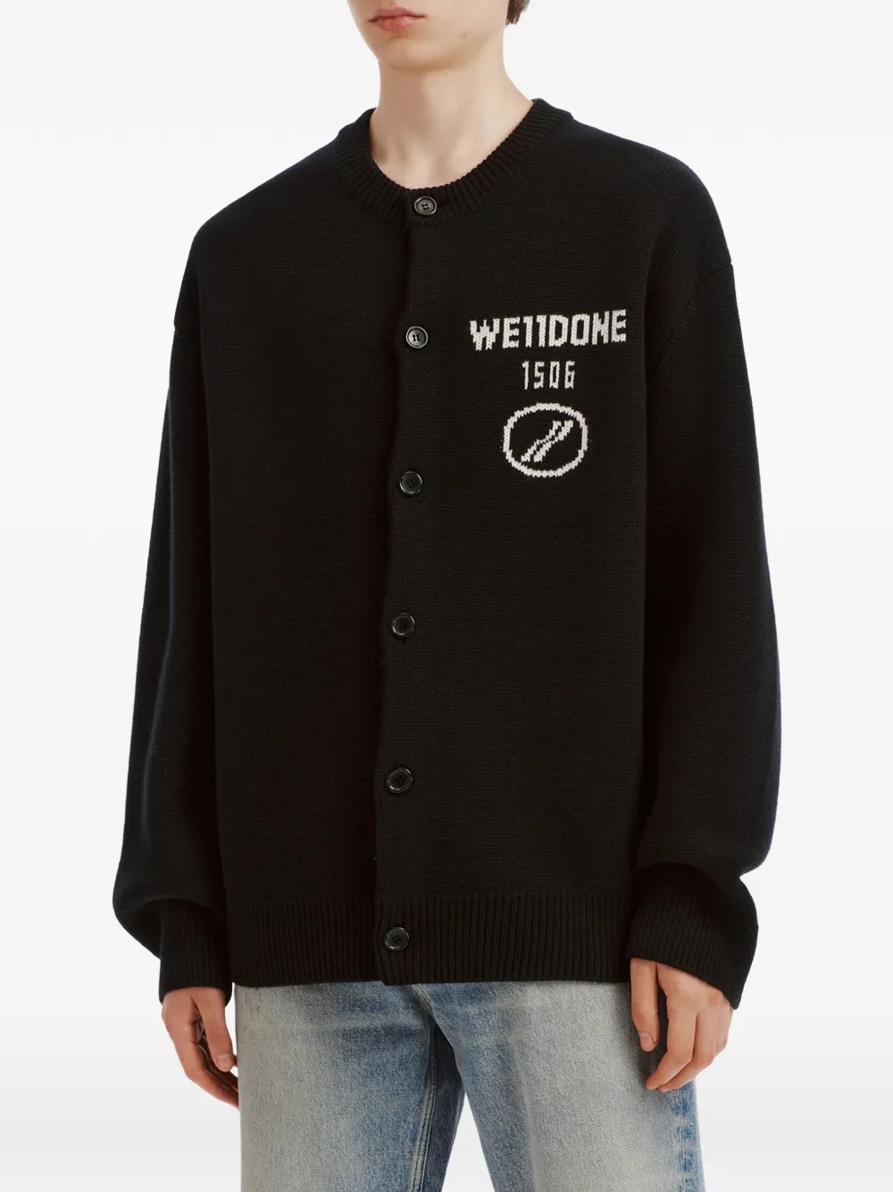 We11done logo-intarsia knitted cardigan Zwart