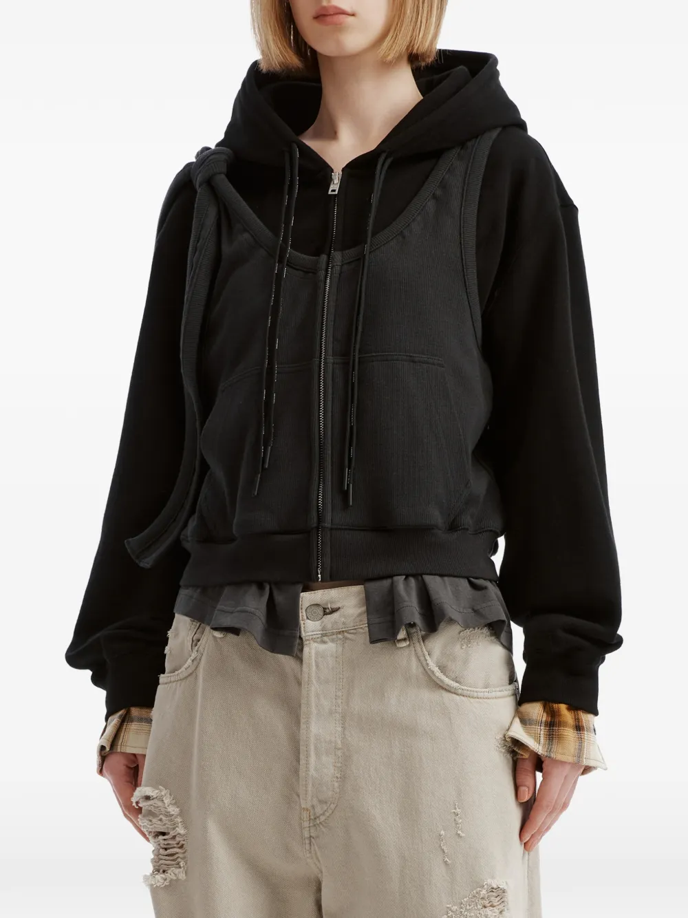 We11done layered ruffled zip-up hoodie Zwart
