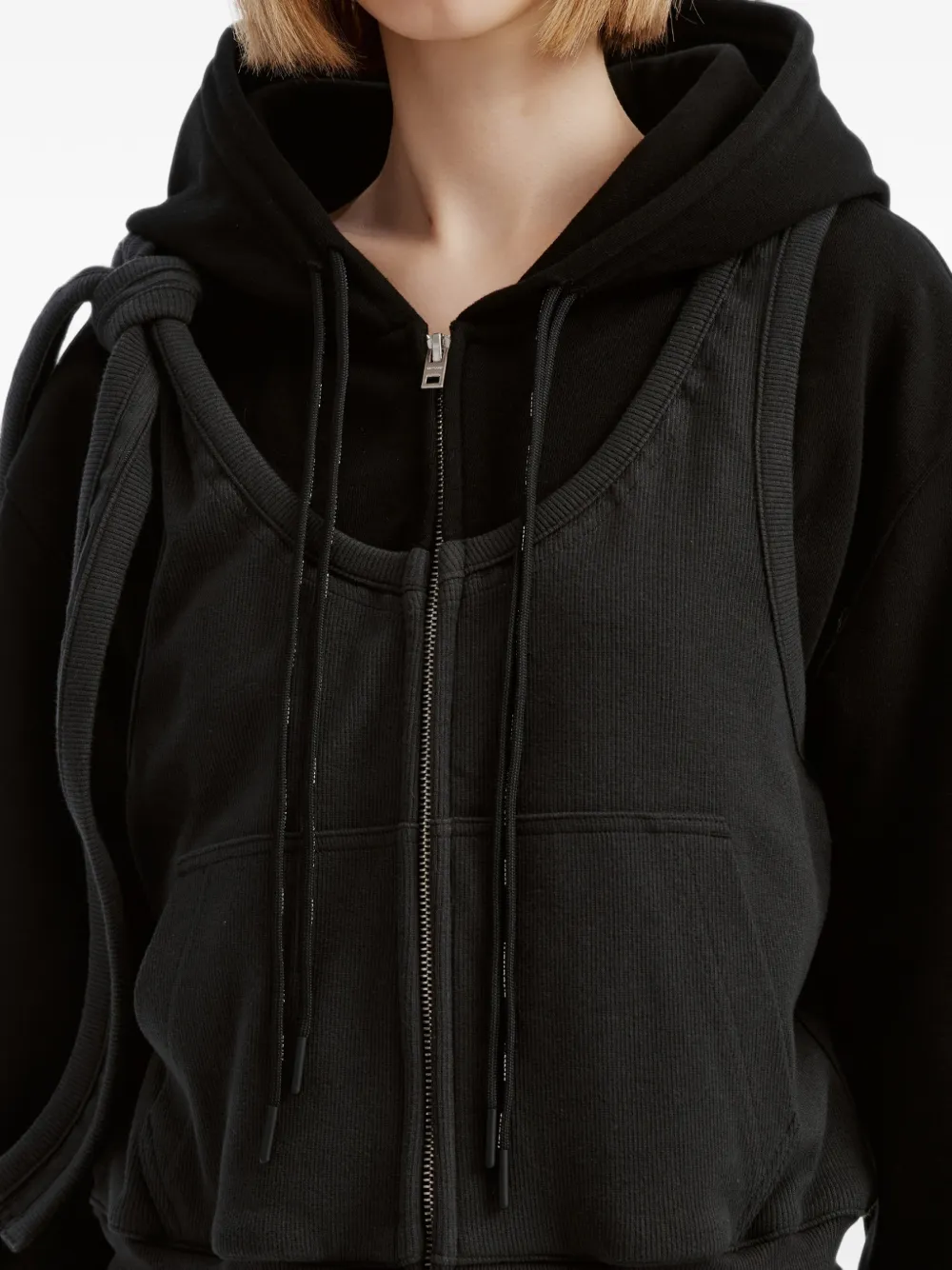 We11done layered ruffled zip-up hoodie Zwart