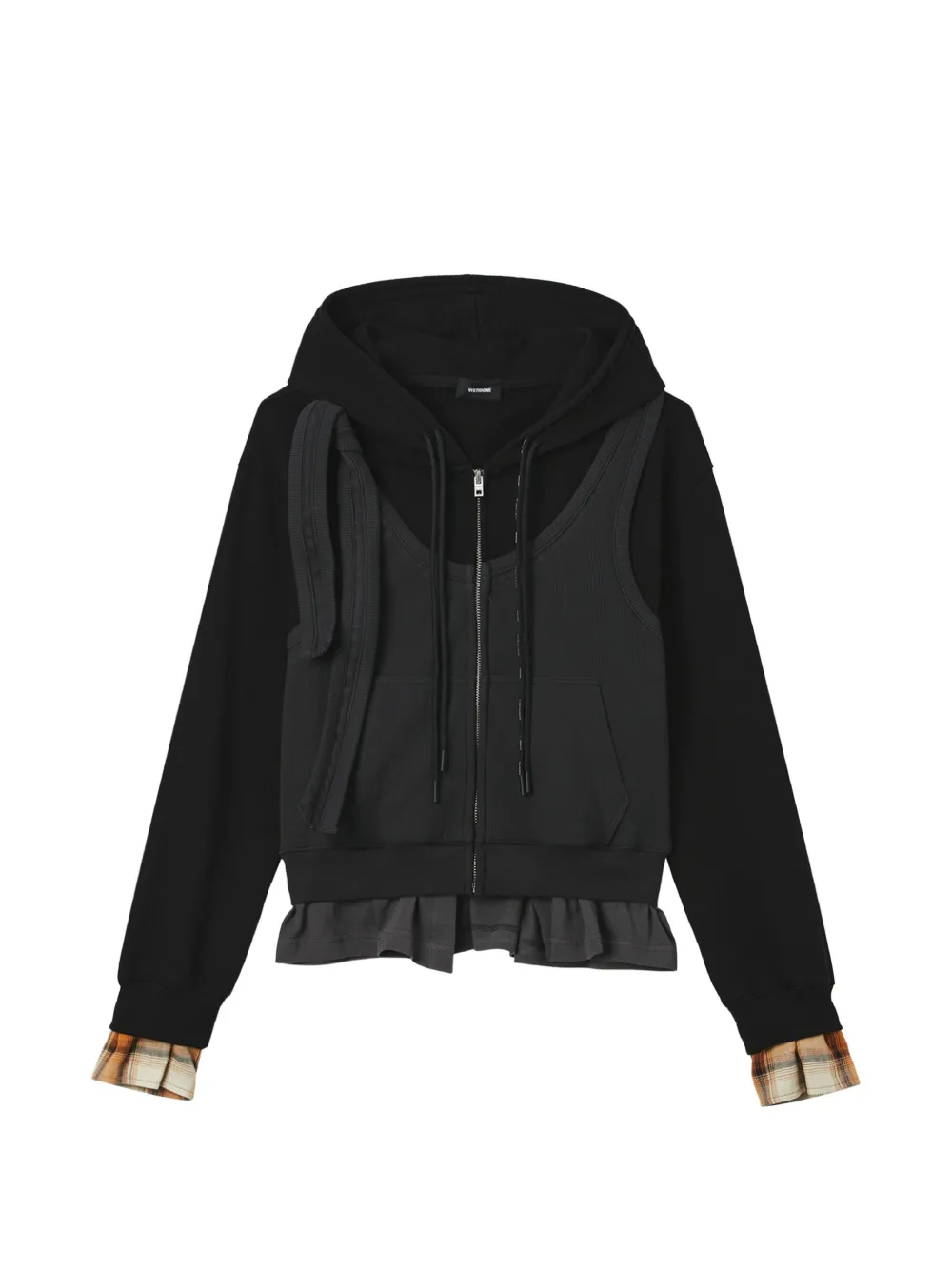 We11done layered ruffled zip-up hoodie Zwart