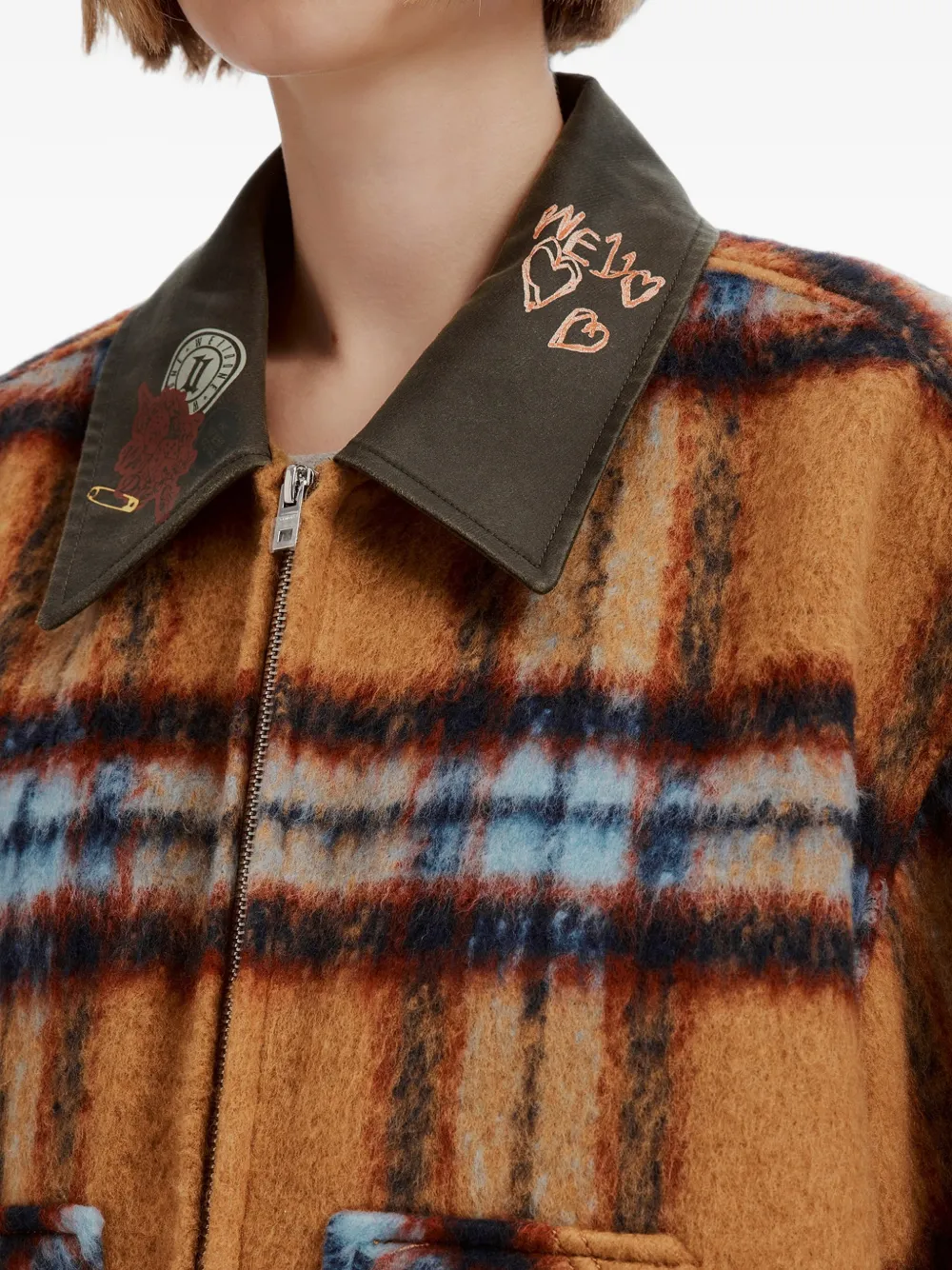 We11done check-print teddy-appliqué jacket Bruin