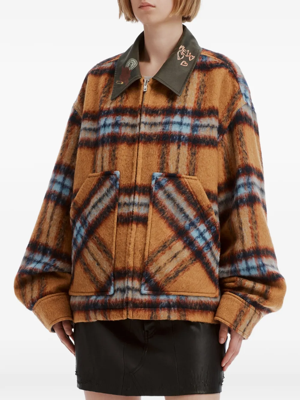 We11done check-print teddy-appliqué jacket Bruin