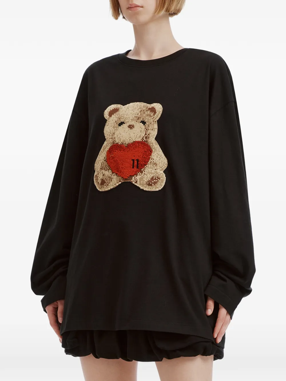 We11done Heart Teddy bear-patch long-sleeve T-shirt Zwart