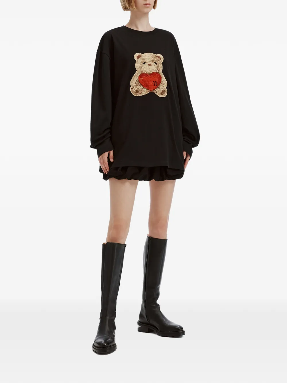 We11done Heart Teddy bear-patch long-sleeve T-shirt Zwart