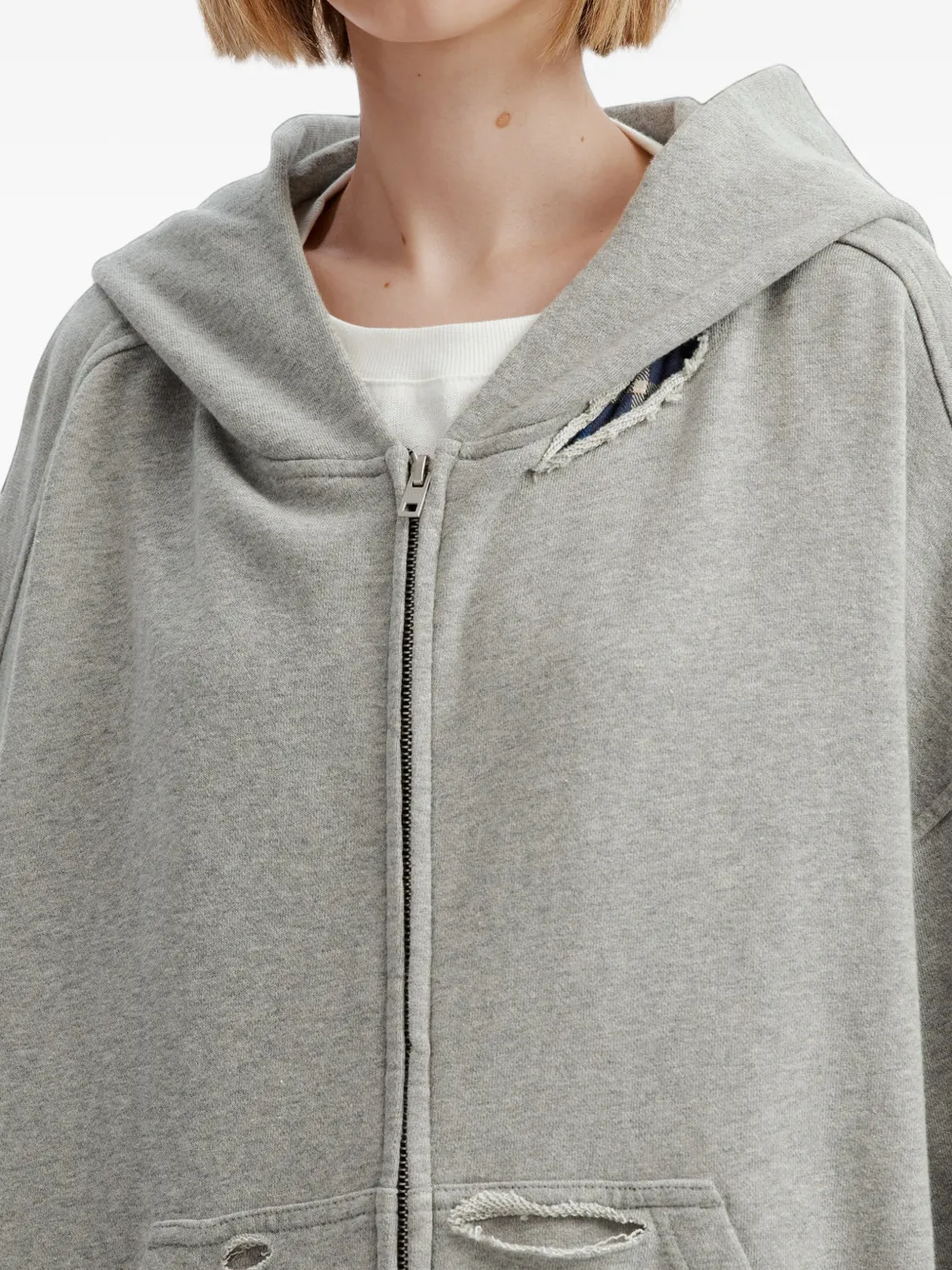 We11done distressed-effect zip-up hoodie Grijs