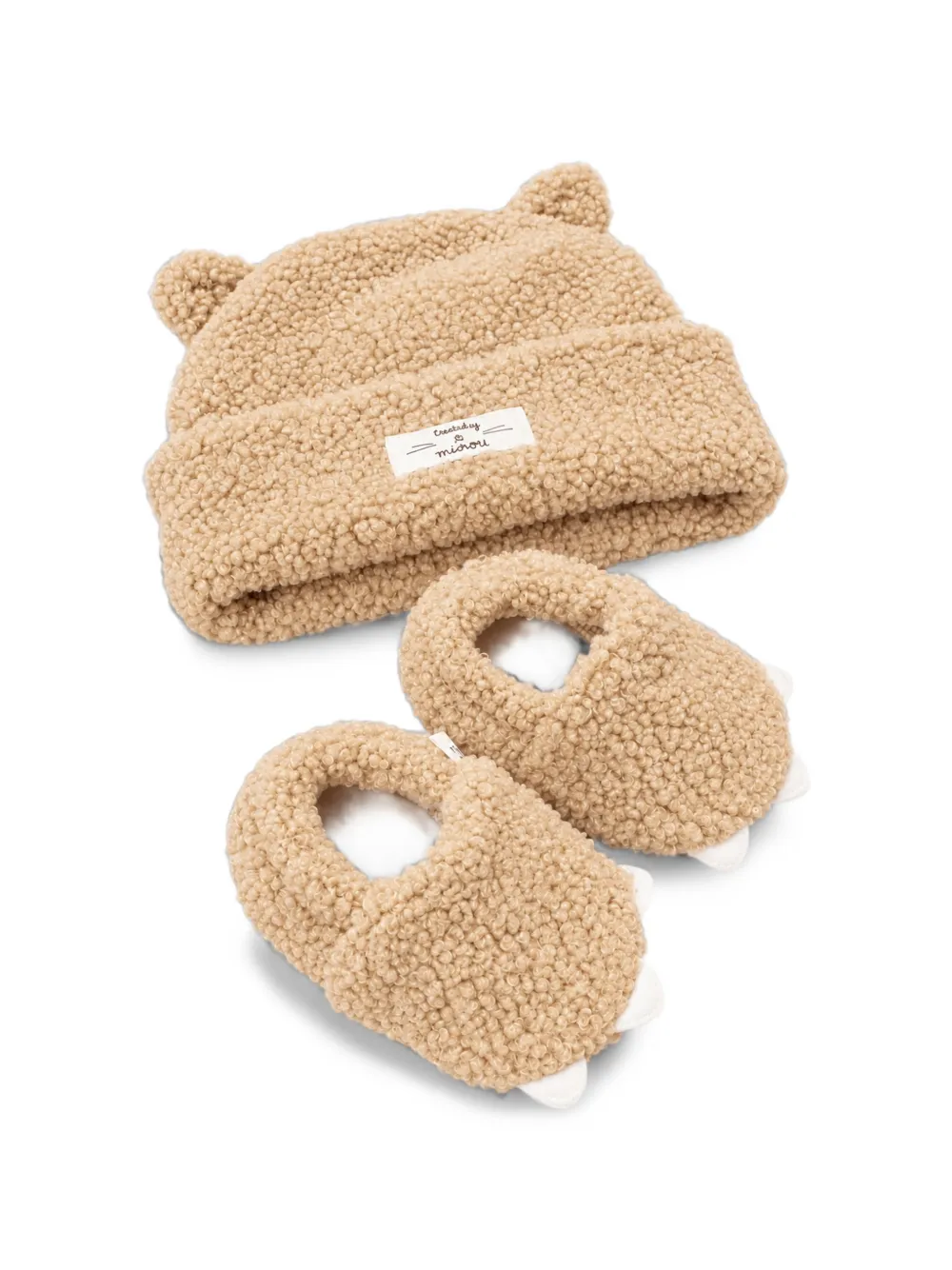 TEDDY & MINOU logo-patch beanie hat and booties set Beige
