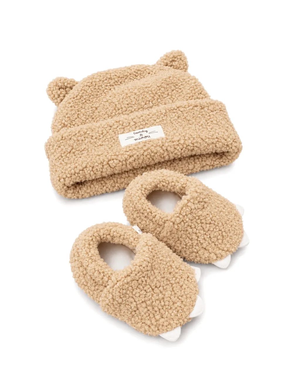TEDDY & MINOU logo-patch beanie hat and booties set Beige