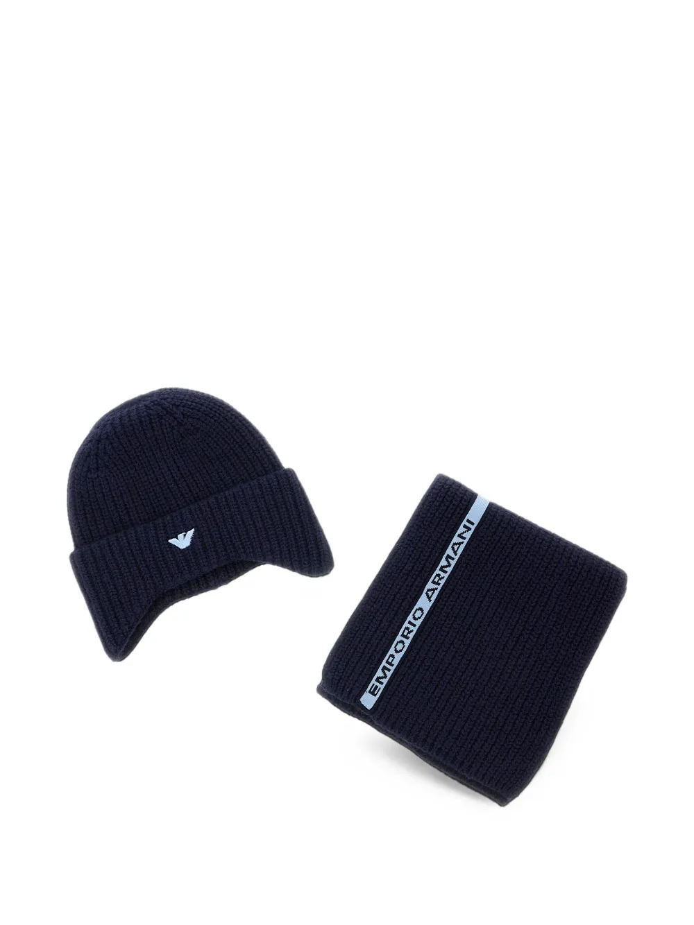 Emporio Armani Kids logo-embroidered ribbed-knit beanie hat and scarf set Blauw