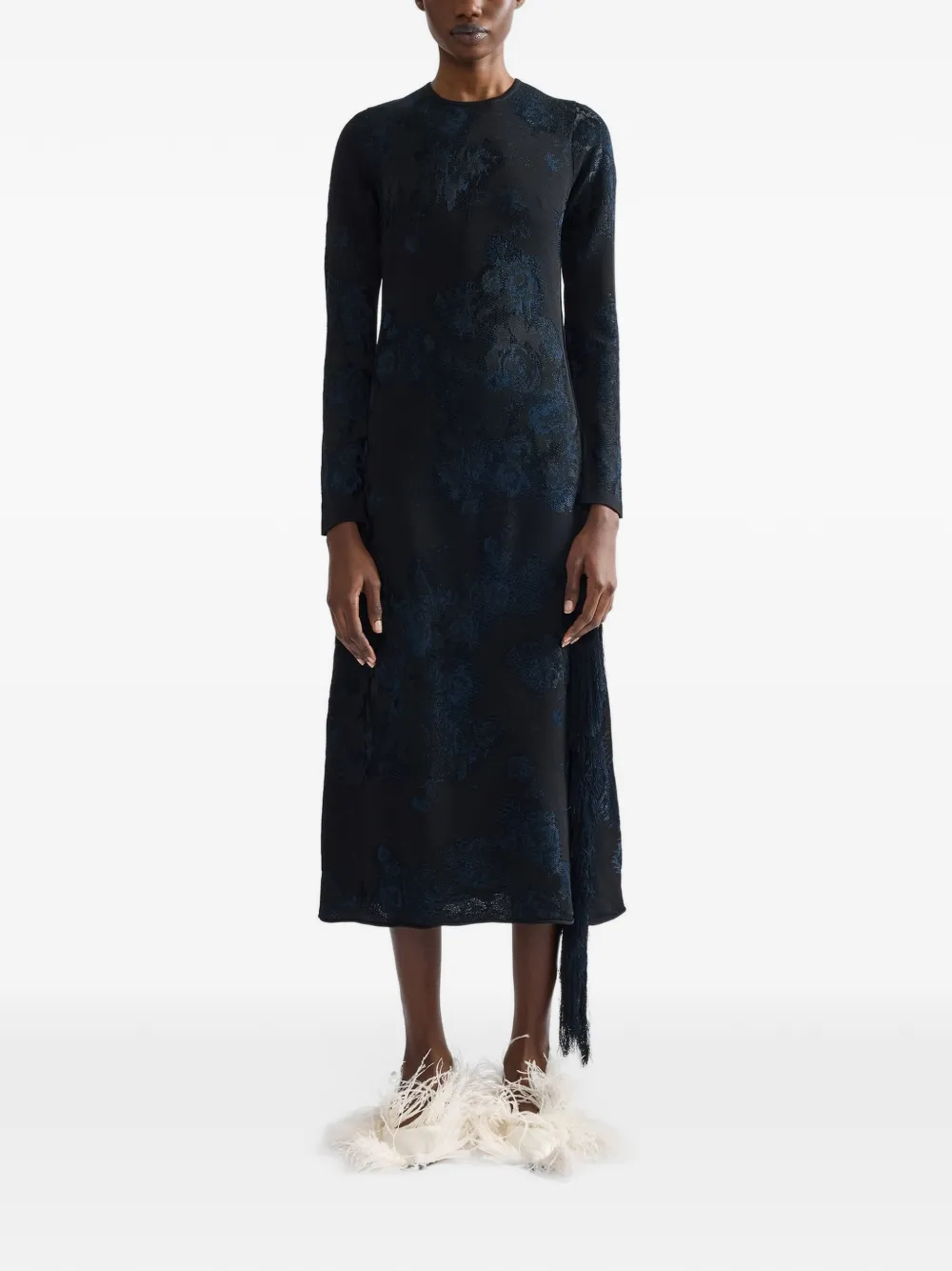 ERDEM floral-jacquard fringe-trim midi dress Zwart