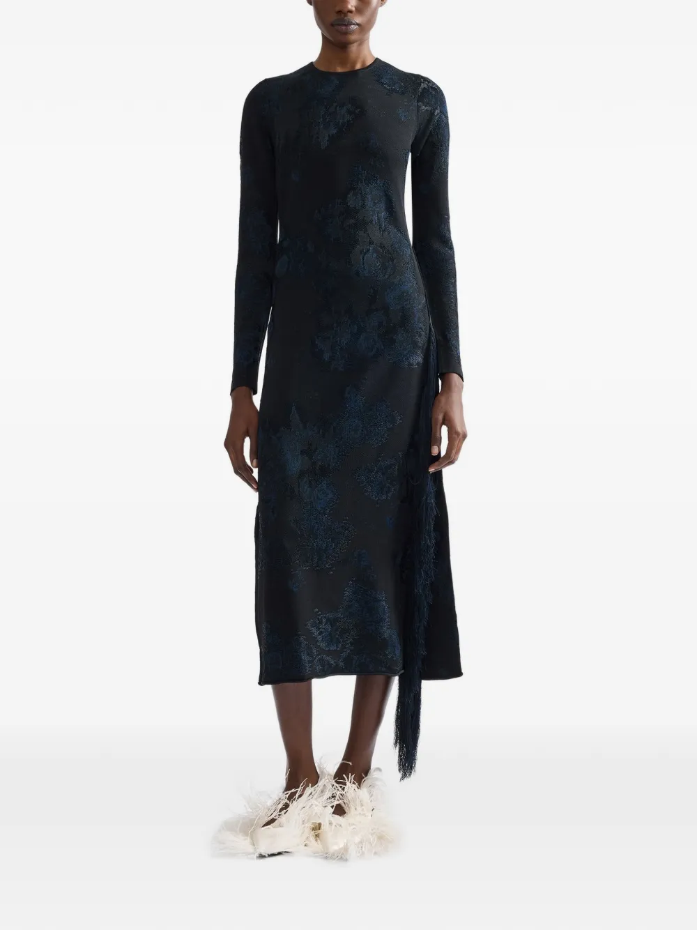 ERDEM floral-jacquard fringe-trim midi dress Zwart