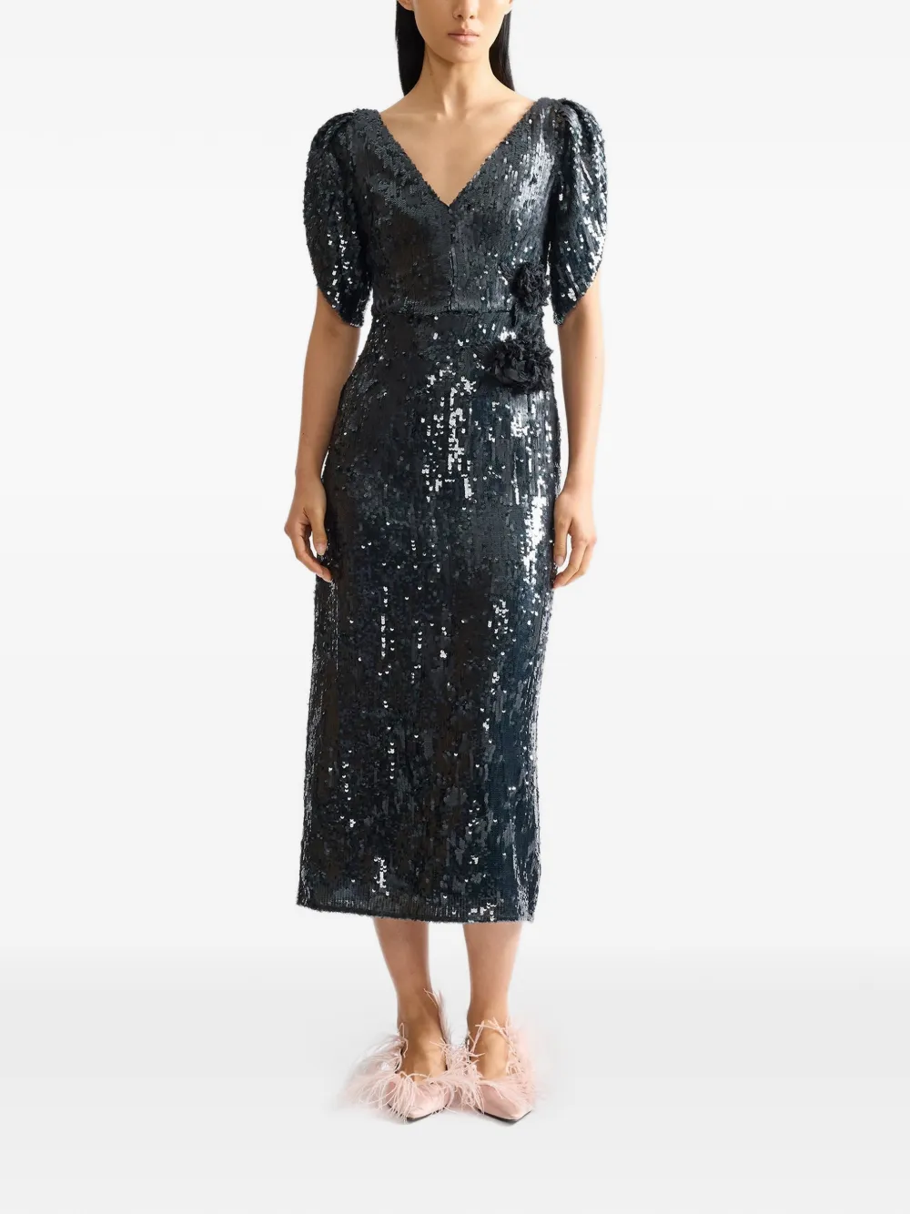 ERDEM sequin-embellished floral-applique midi dress Groen