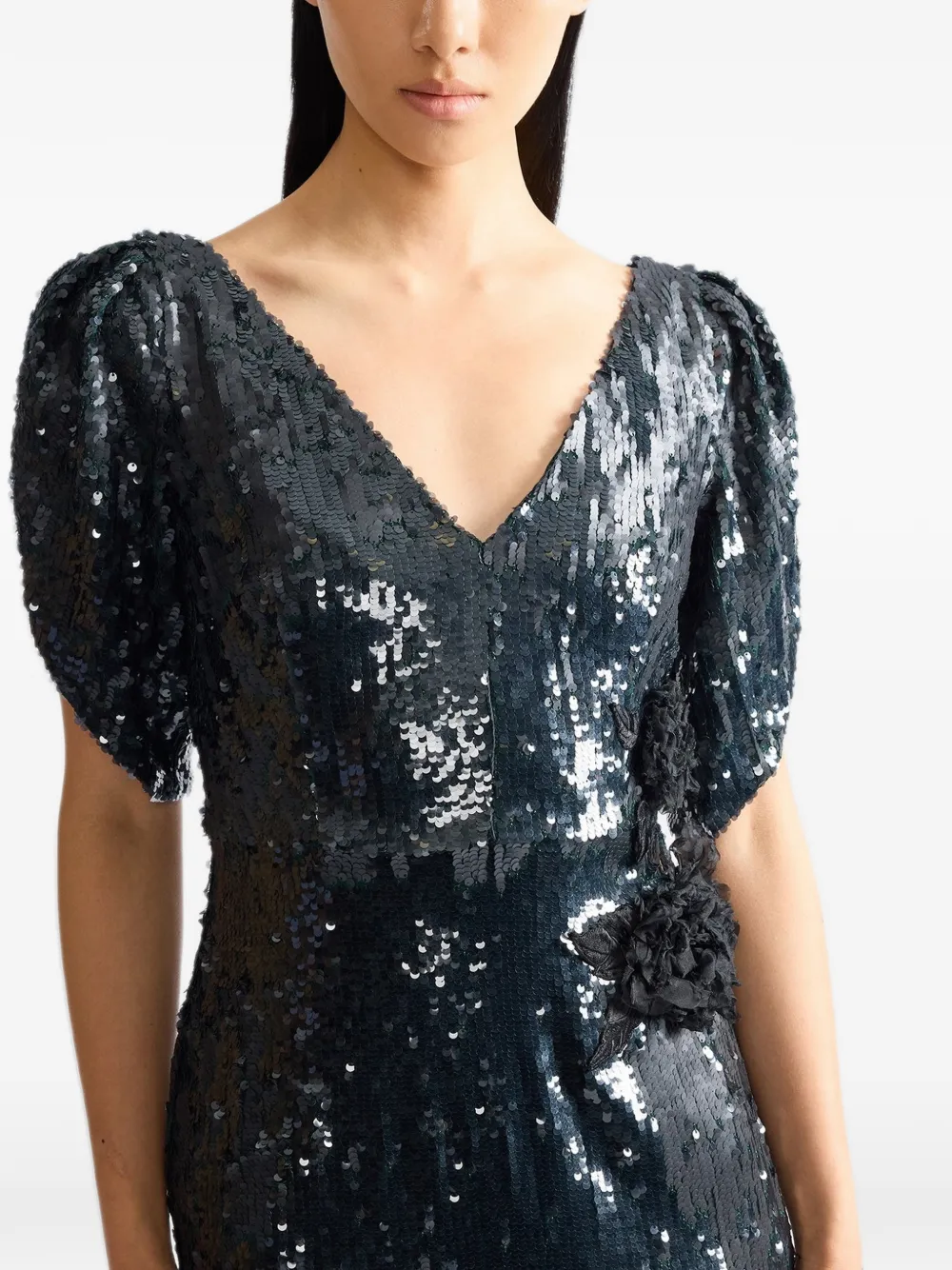 ERDEM sequin-embellished floral-applique midi dress Groen