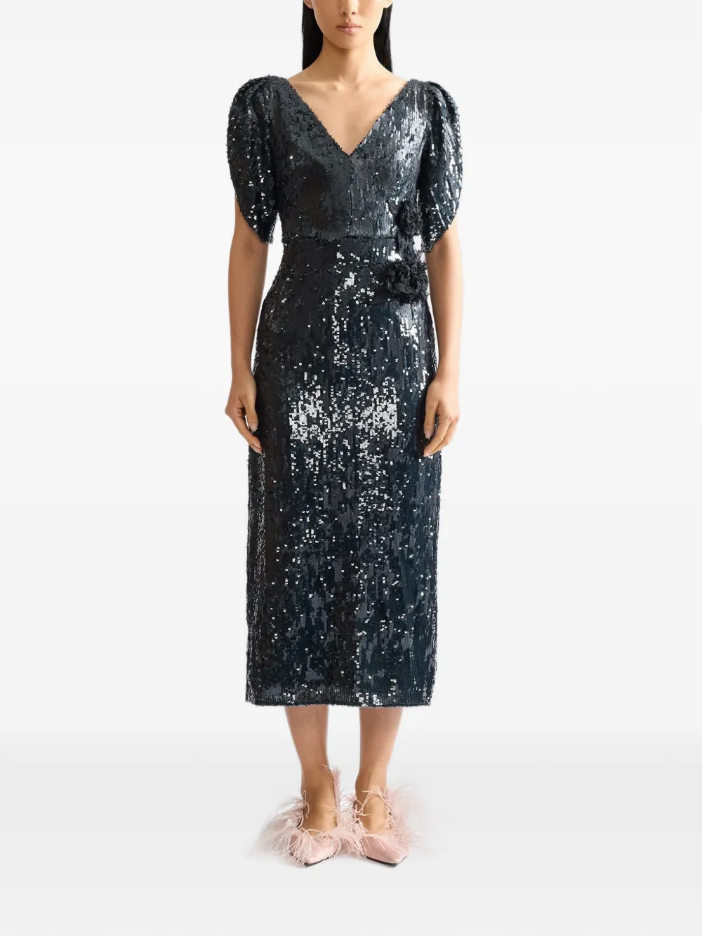 ERDEM sequin-embellished floral-applique midi dress Groen