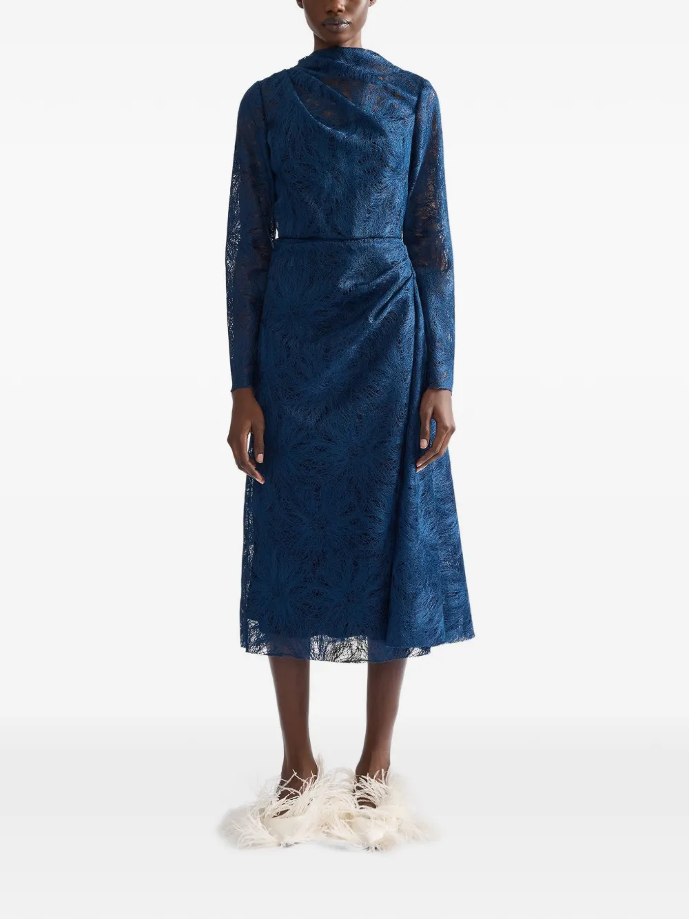 ERDEM draped floral-lace midi dress Blauw