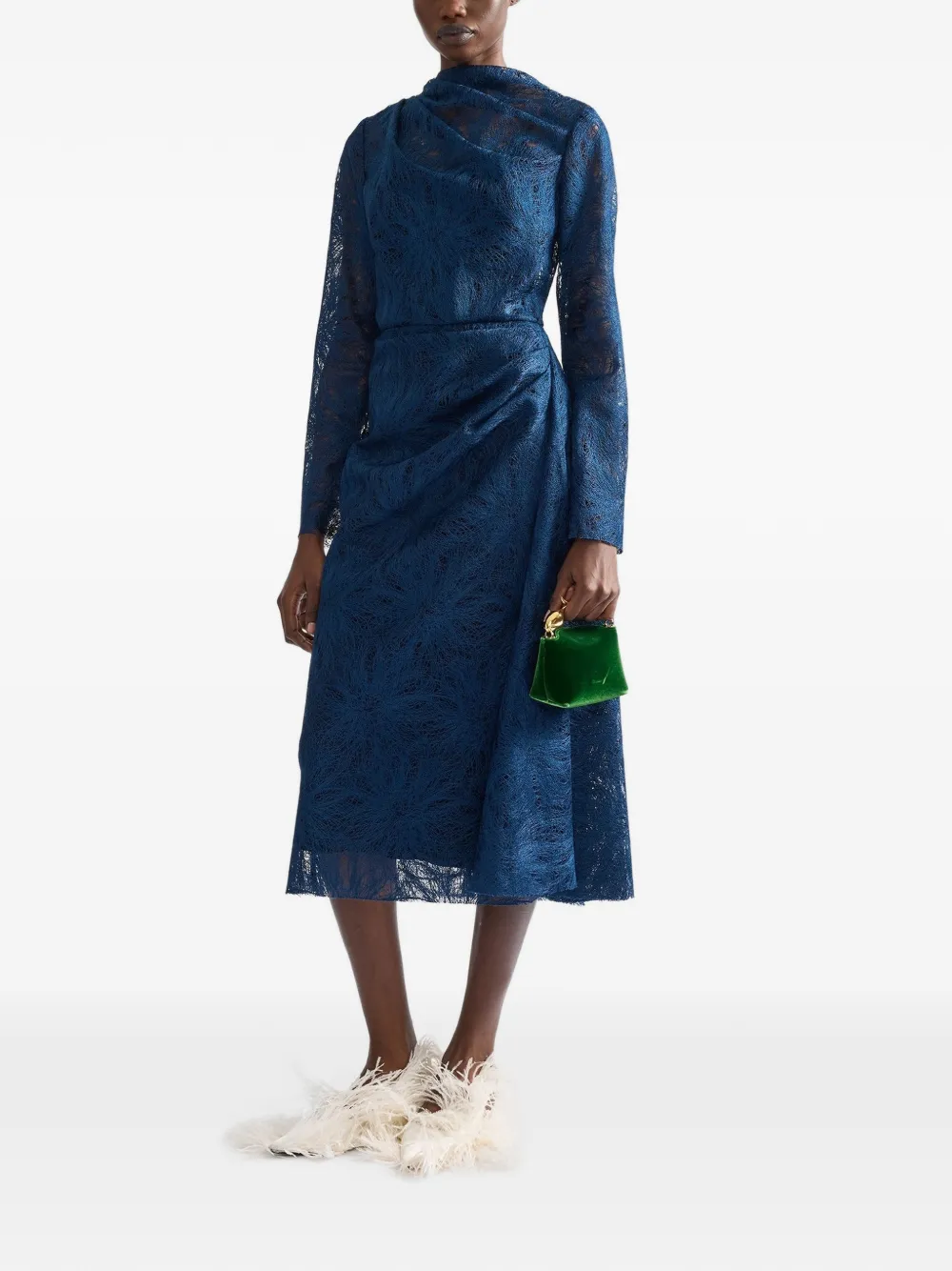 ERDEM draped floral-lace midi dress Blauw