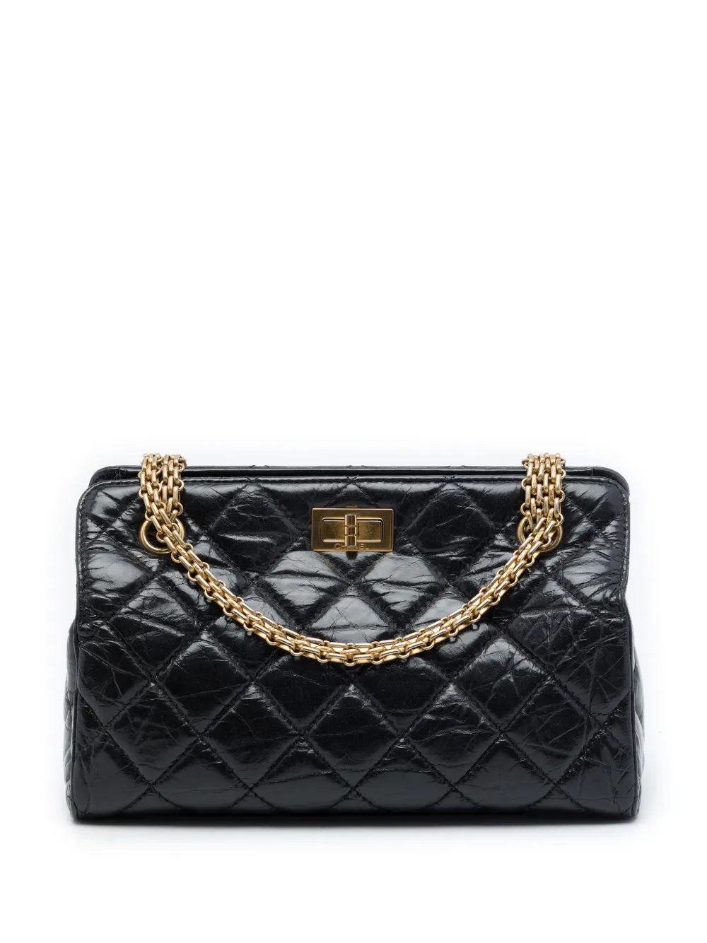 CHANEL Pre-Owned 2014-2015 Quilted Glazed Crackled Calfskin Reissue 2.55 Shopping Bag shoulder bag - Black
