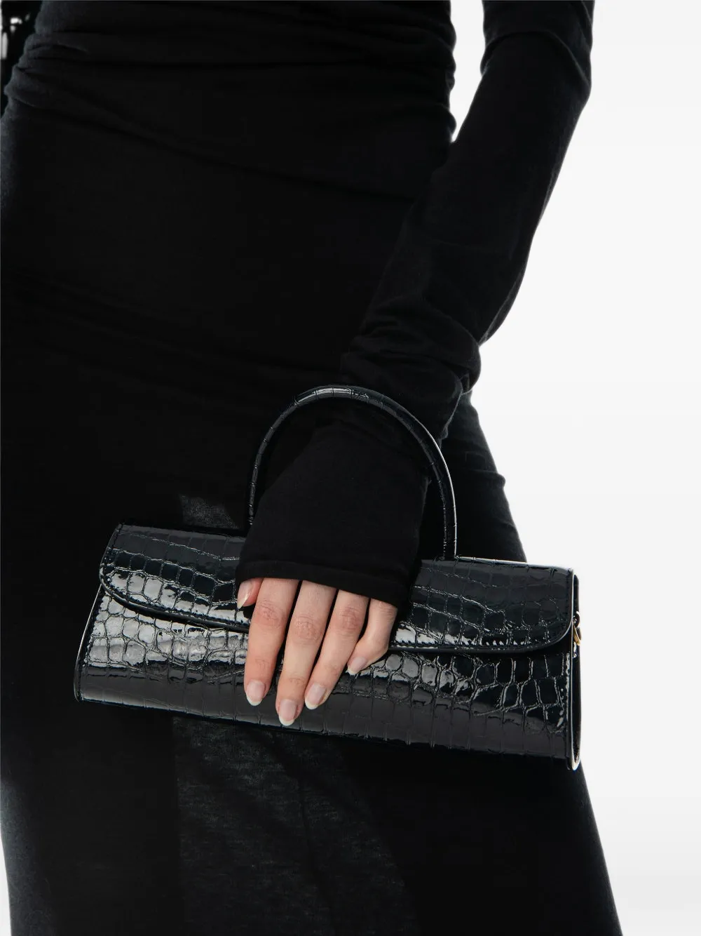 BY FAR Mini Longa crocodile-embossed east-west bag Blauw