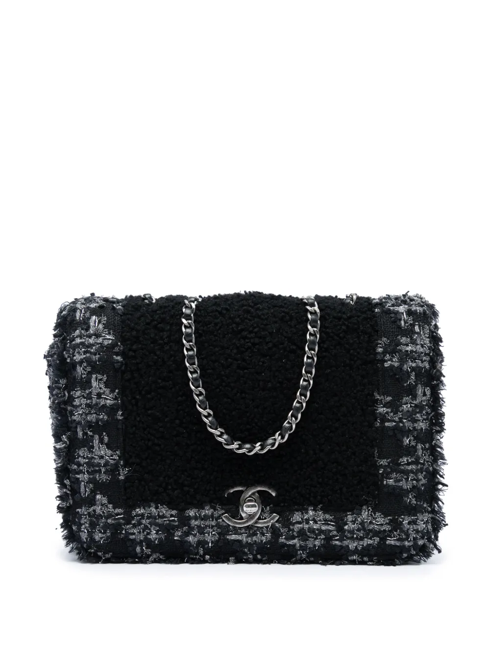 CHANEL Pre-Owned 2017-2018 Medium CC Shearling and Tweed Chain Flap crossbody bag - Nero