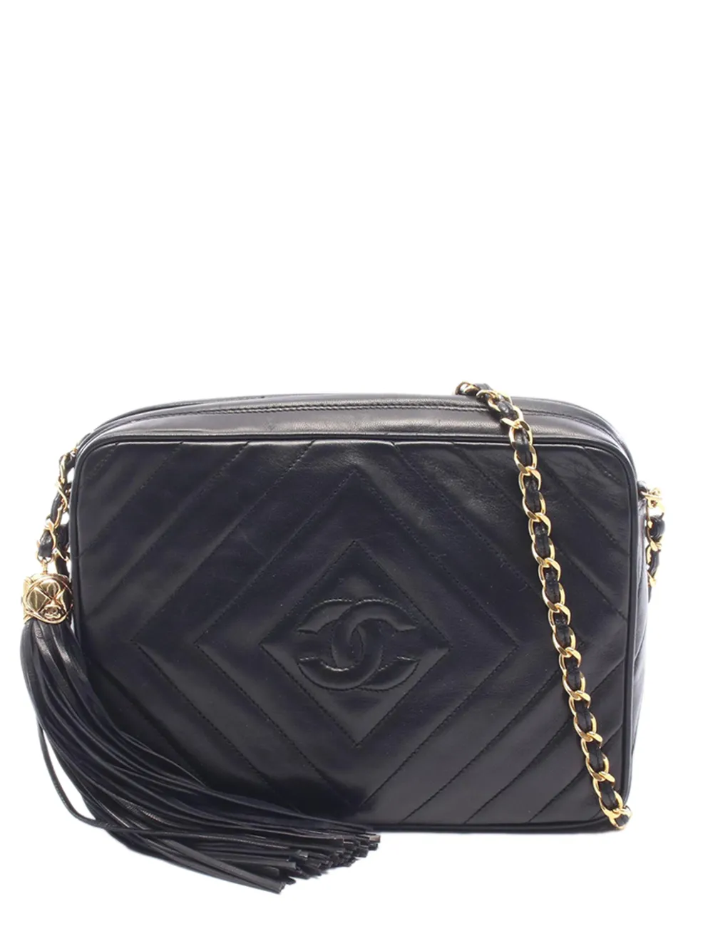 CHANEL Pre-Owned 1989-1991 CC Chevron Quilted Lambskin Tassel Camera Case crossbody bag - Black