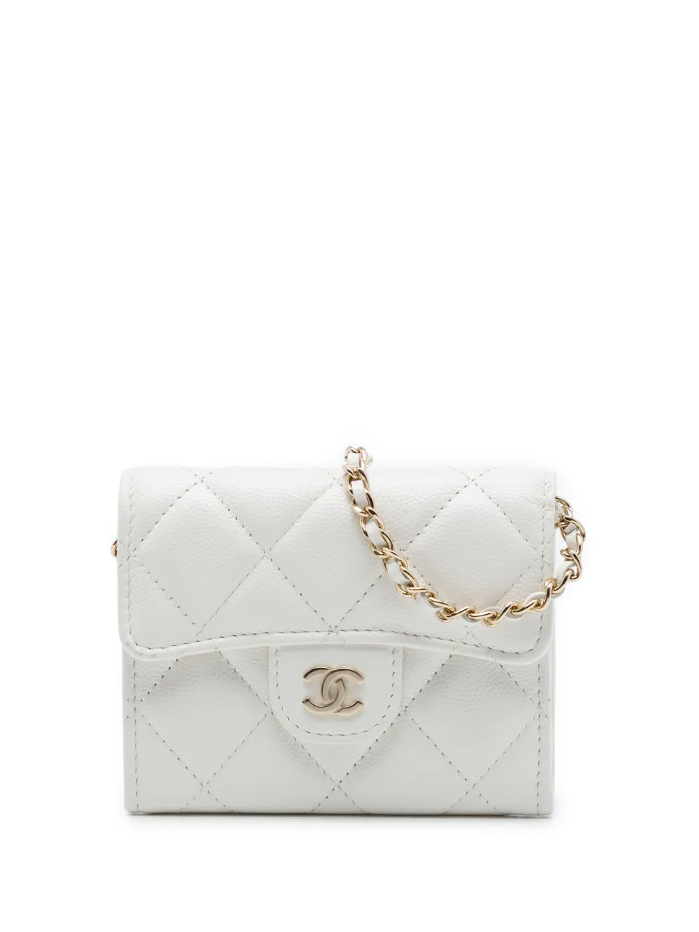 CHANEL Pre-Owned 2020 CC Quilted Caviar Flap Card Holder on Chain crossbody bag - White