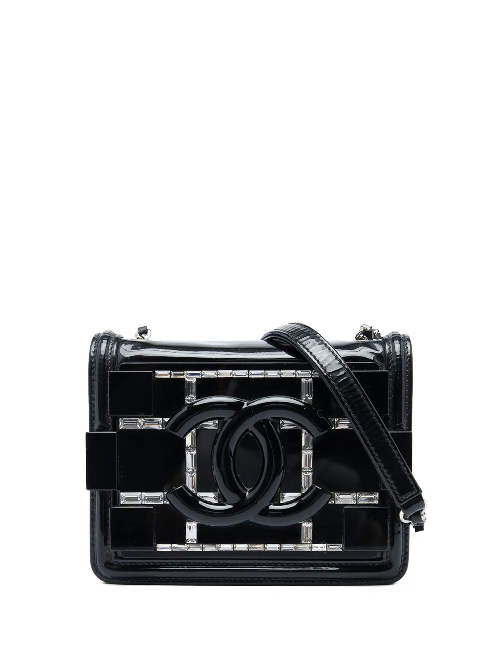 CHANEL Pre-Owned 2014-2015 CC Patent and Acrylic Crystal Embellished Boy Brick Flap crossbody bag - Black