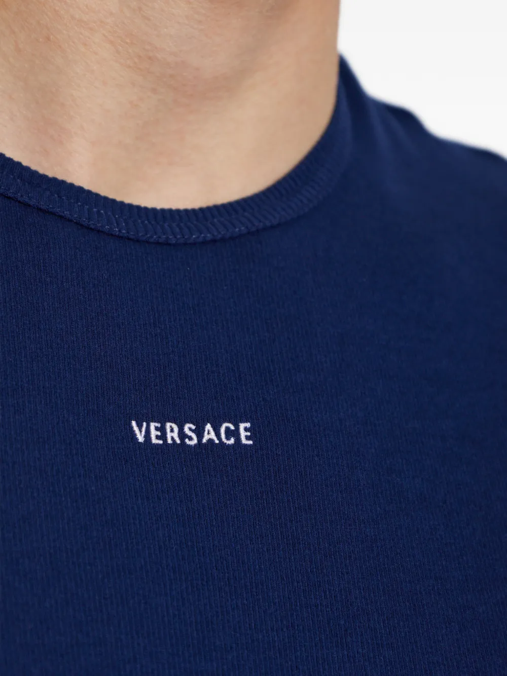 Versace embroidered-logo ribbed cotton-jersey T-shirt Blauw