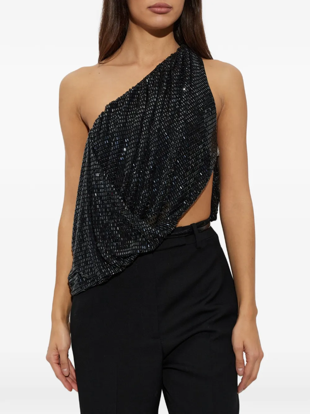 Self-Portrait black rhinestone one-shoulder drape top Zwart