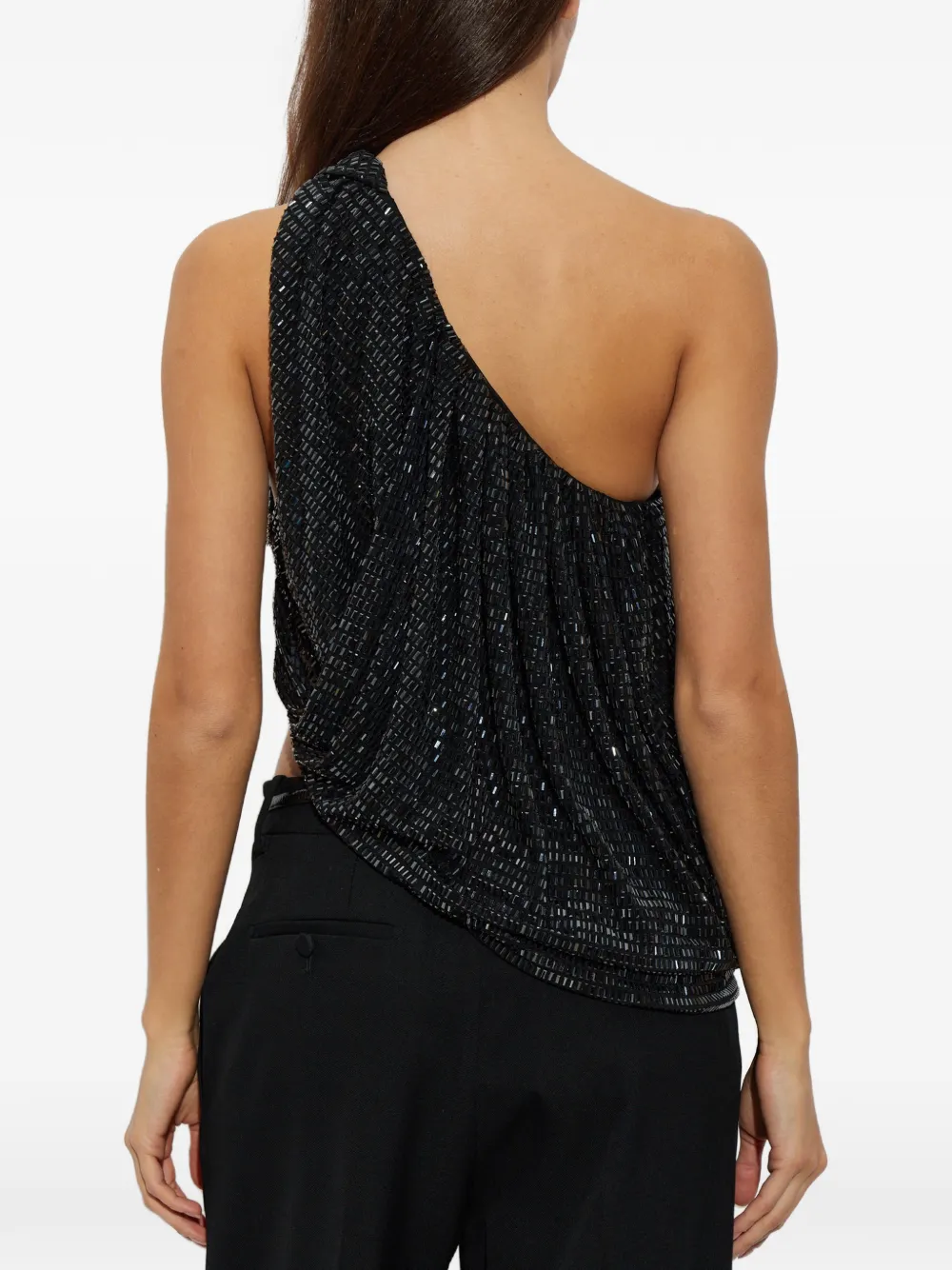 Self-Portrait black rhinestone one-shoulder drape top Zwart