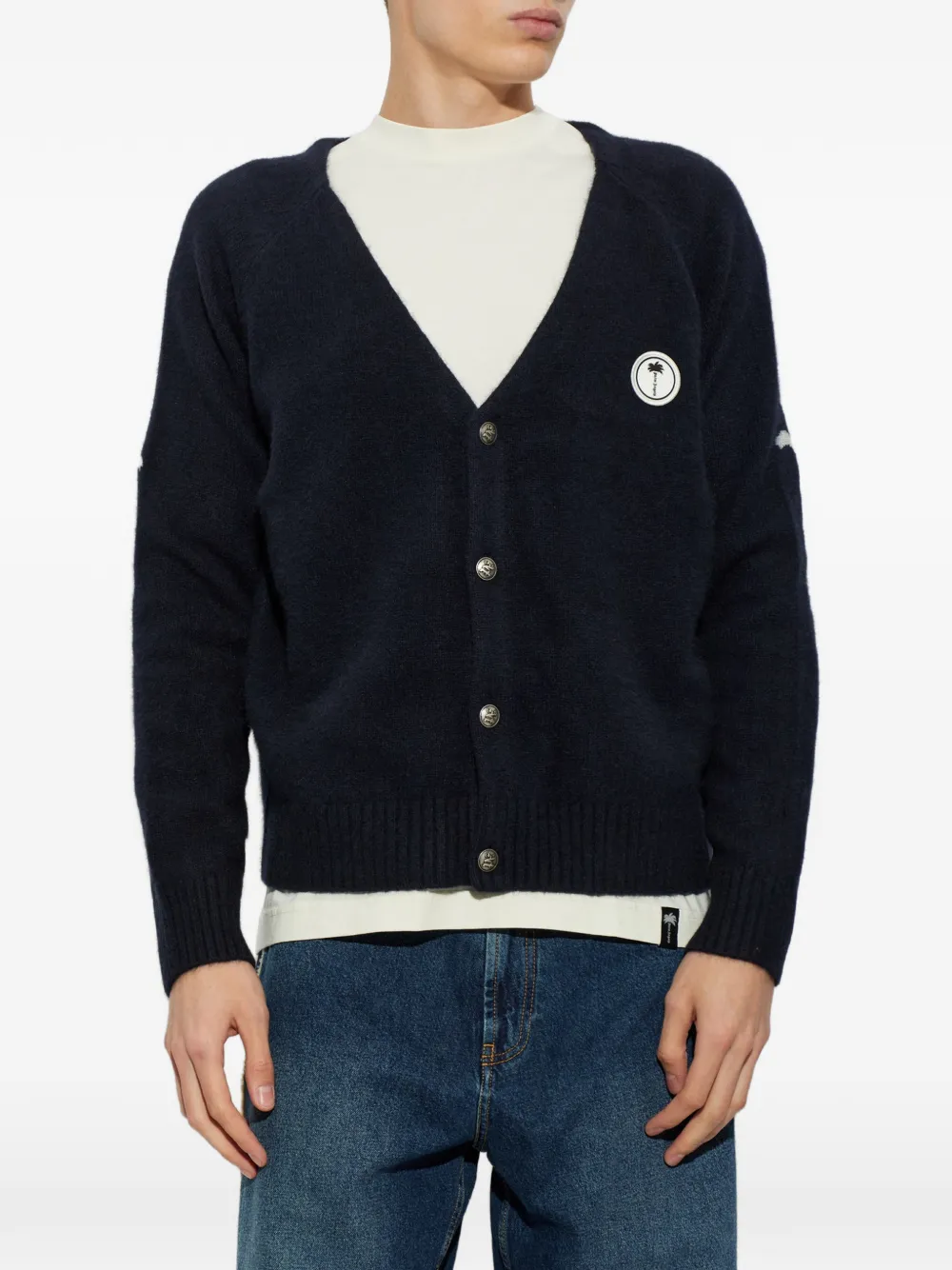 Palm Angels logo-patch intarsia-knit cardigan Blauw