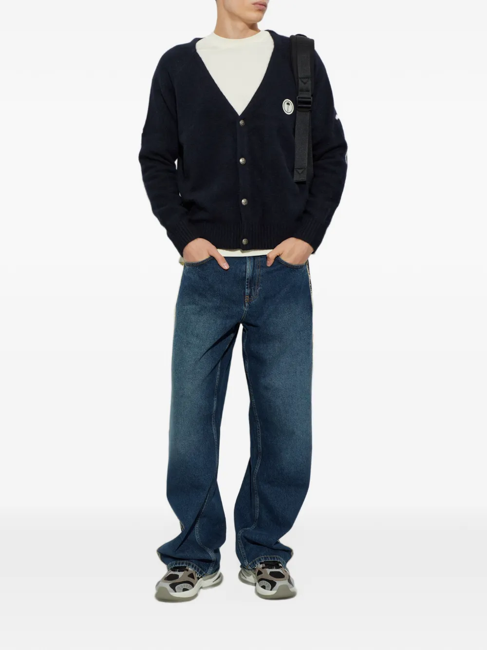Palm Angels logo-patch intarsia-knit cardigan Blauw