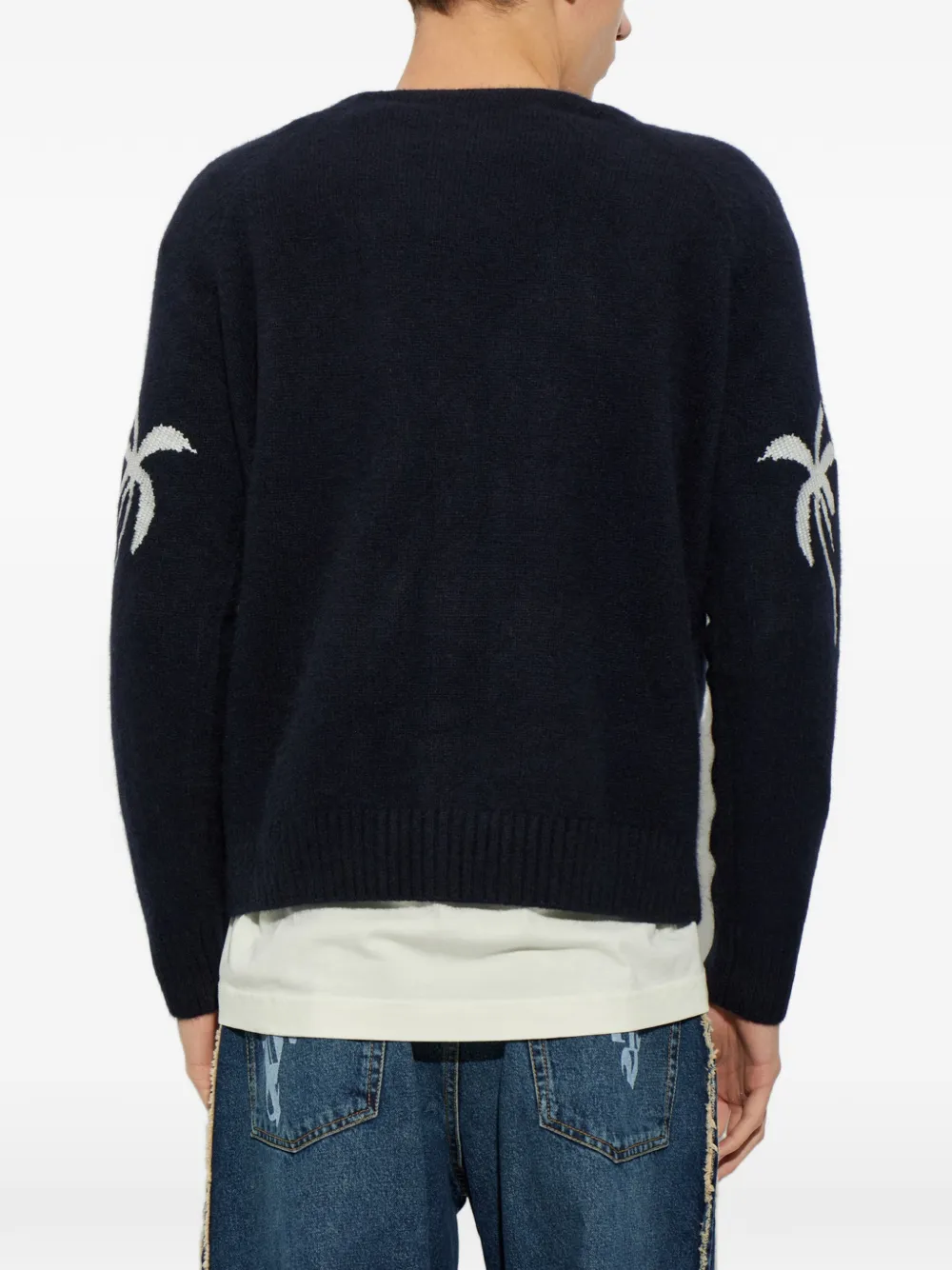 Palm Angels logo-patch intarsia-knit cardigan Blauw