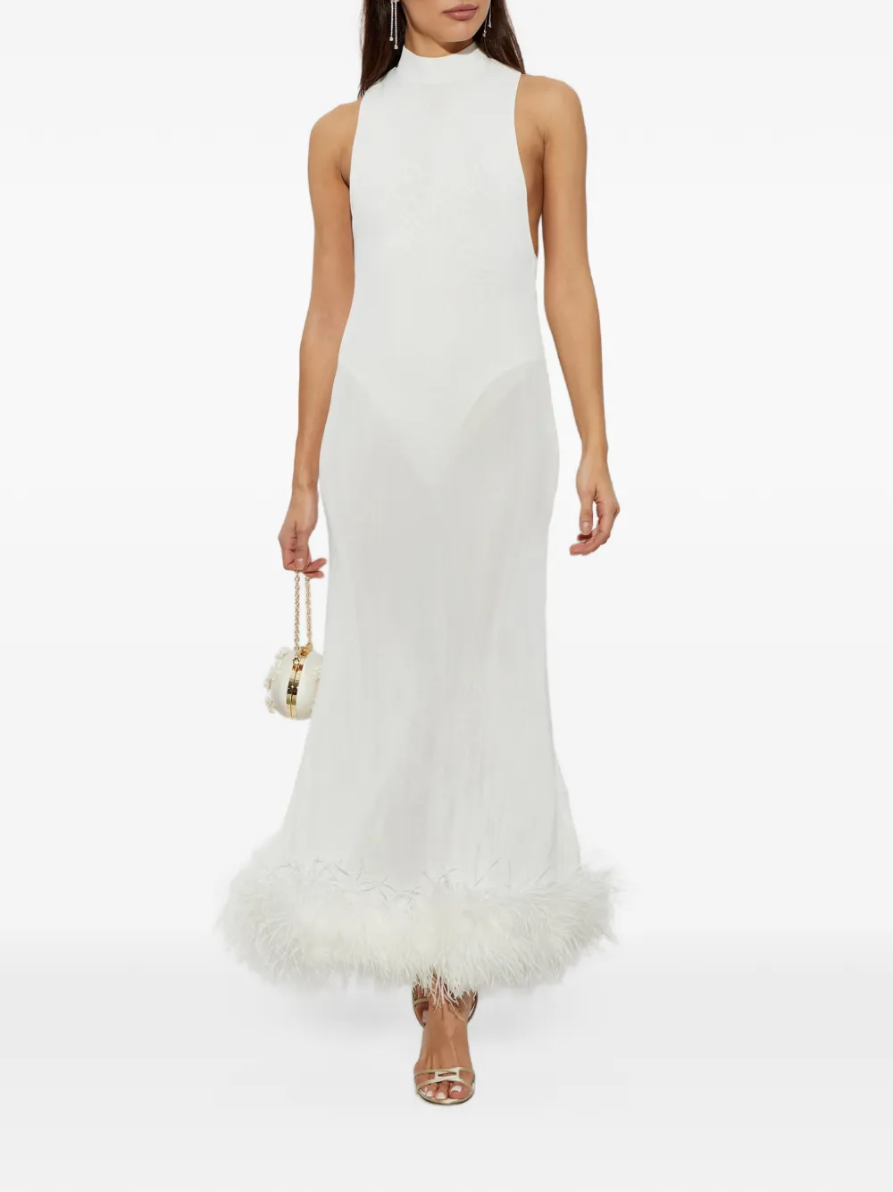 Self-Portrait white racer-back feather knit midi dress Wit