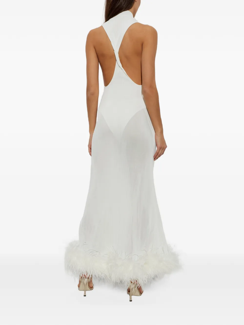 Self-Portrait white racer-back feather knit midi dress Wit