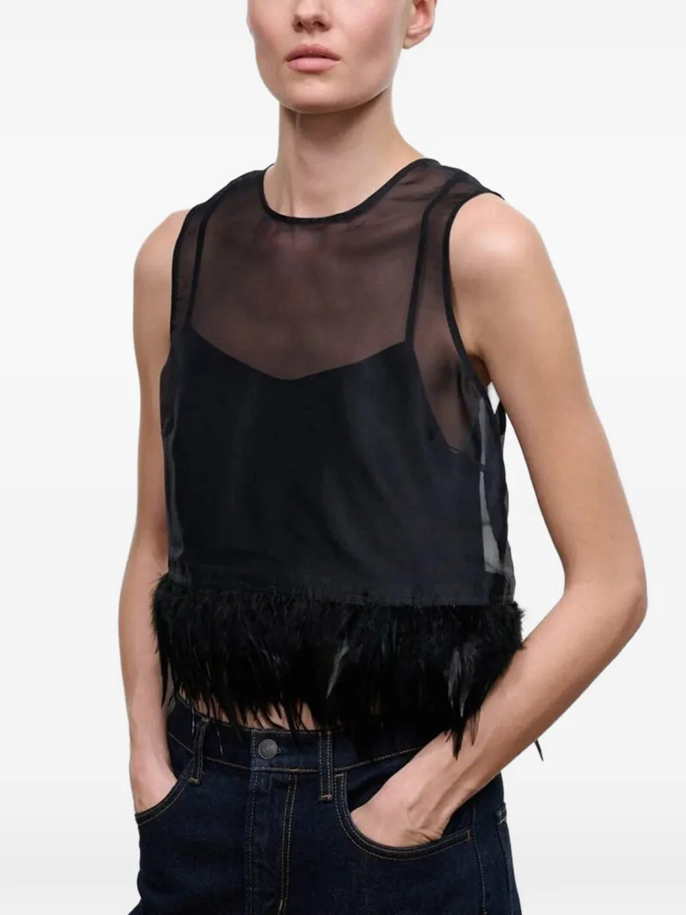 STAUD Avi feather-trim mesh top Zwart
