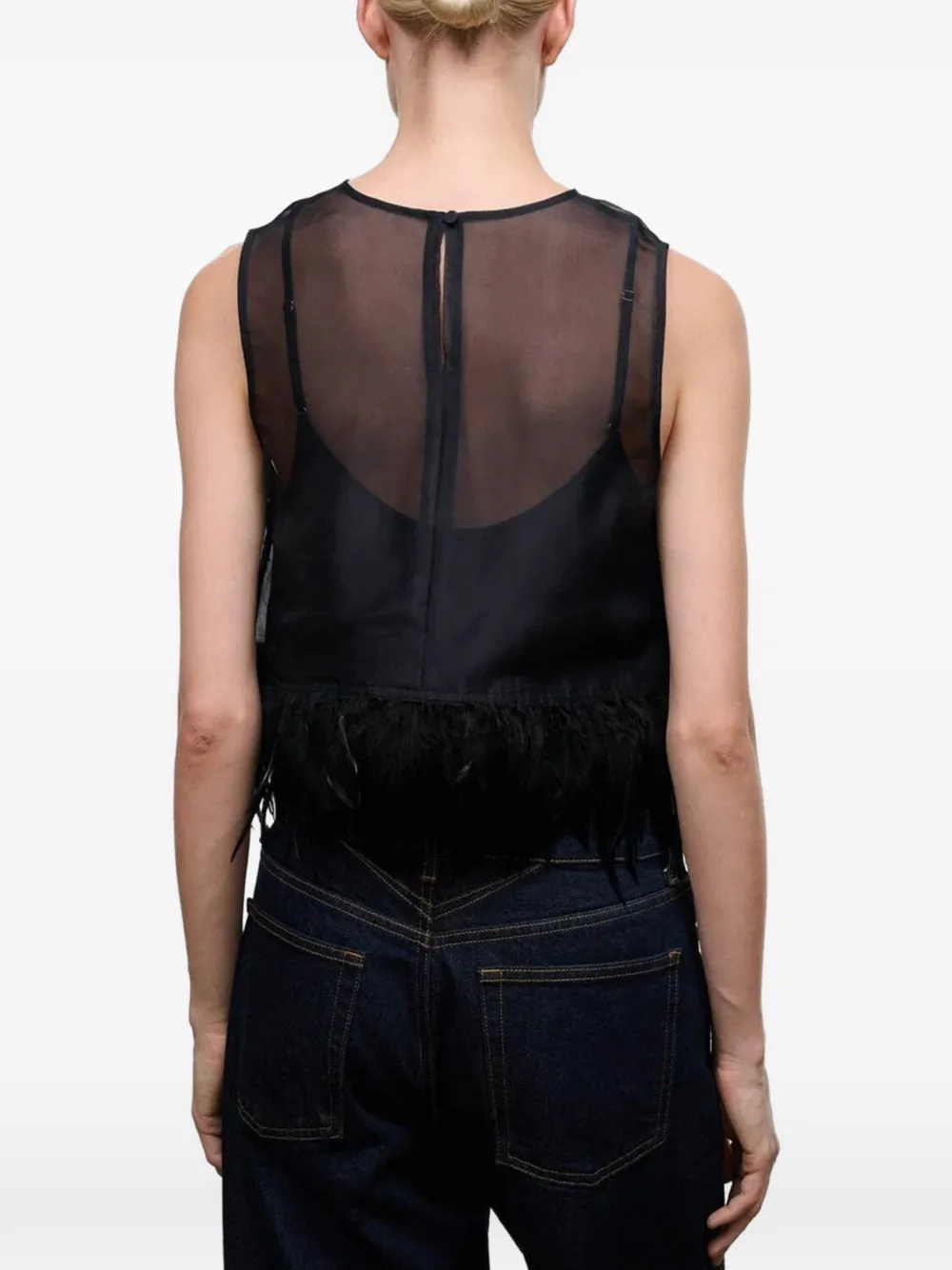 STAUD Avi feather-trim mesh top Zwart
