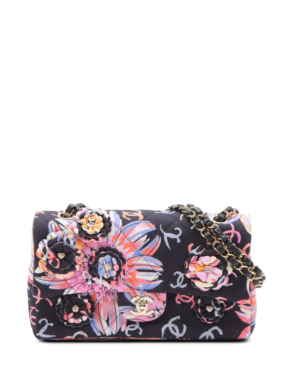 CHANEL Pre-Owned 2021-2026 Medium Quilted Printed Jersey Camellia Applique Single Flap shoulder bag - Blu