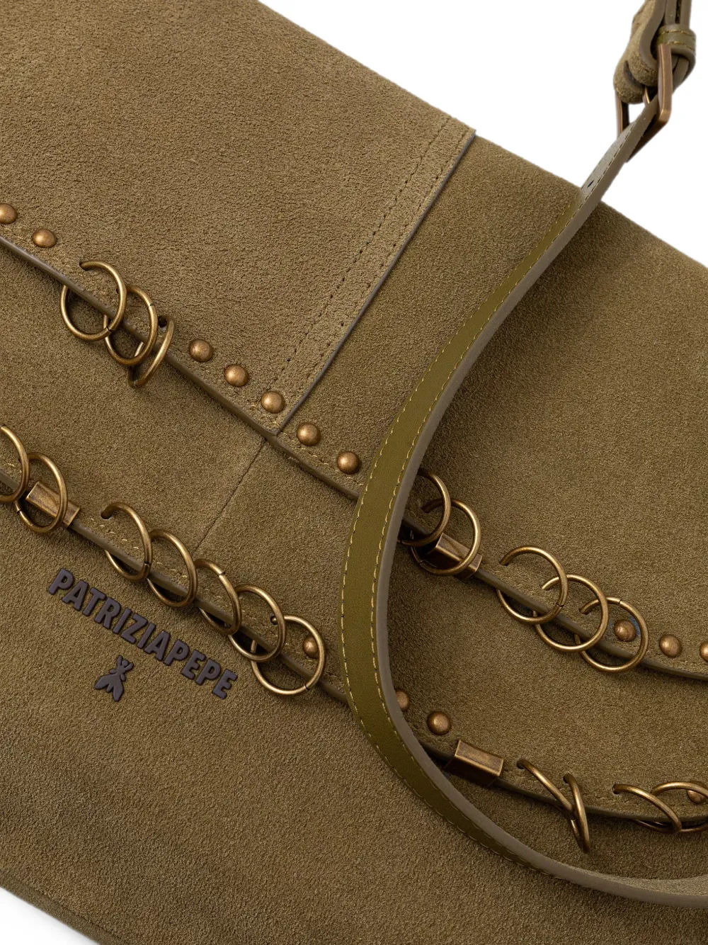 Patrizia Pepe Suède schoudertas met ringdetail Bruin
