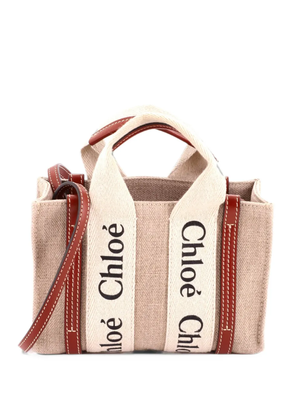 Chloé Pre-Owned Woody Convertible Canvas with Leather Mini tote bag - Braun