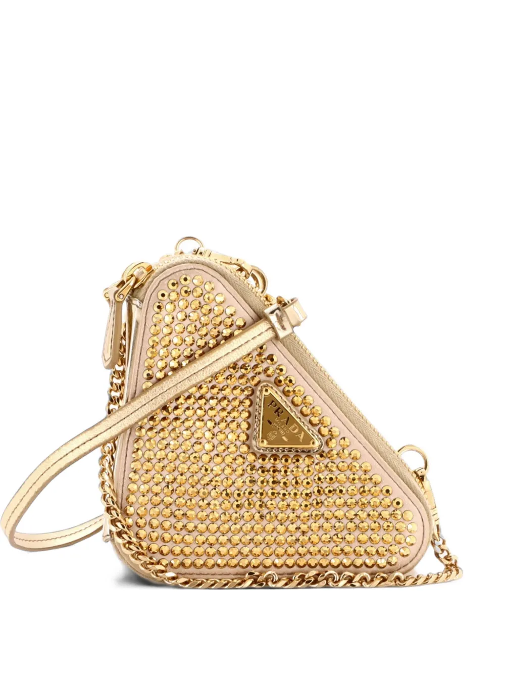 Prada Pre-Owned Triangle Double Pouch Crystal Embellished Satin Mini crossbody bag - Oro