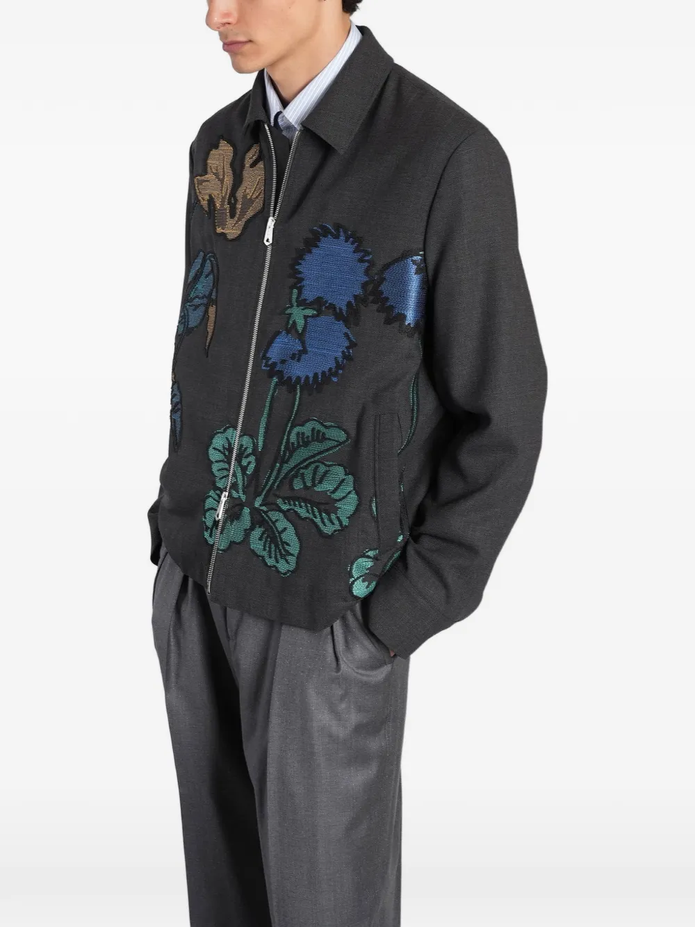 Paul Smith floral-embroidered zip-up shirt jacket Grijs